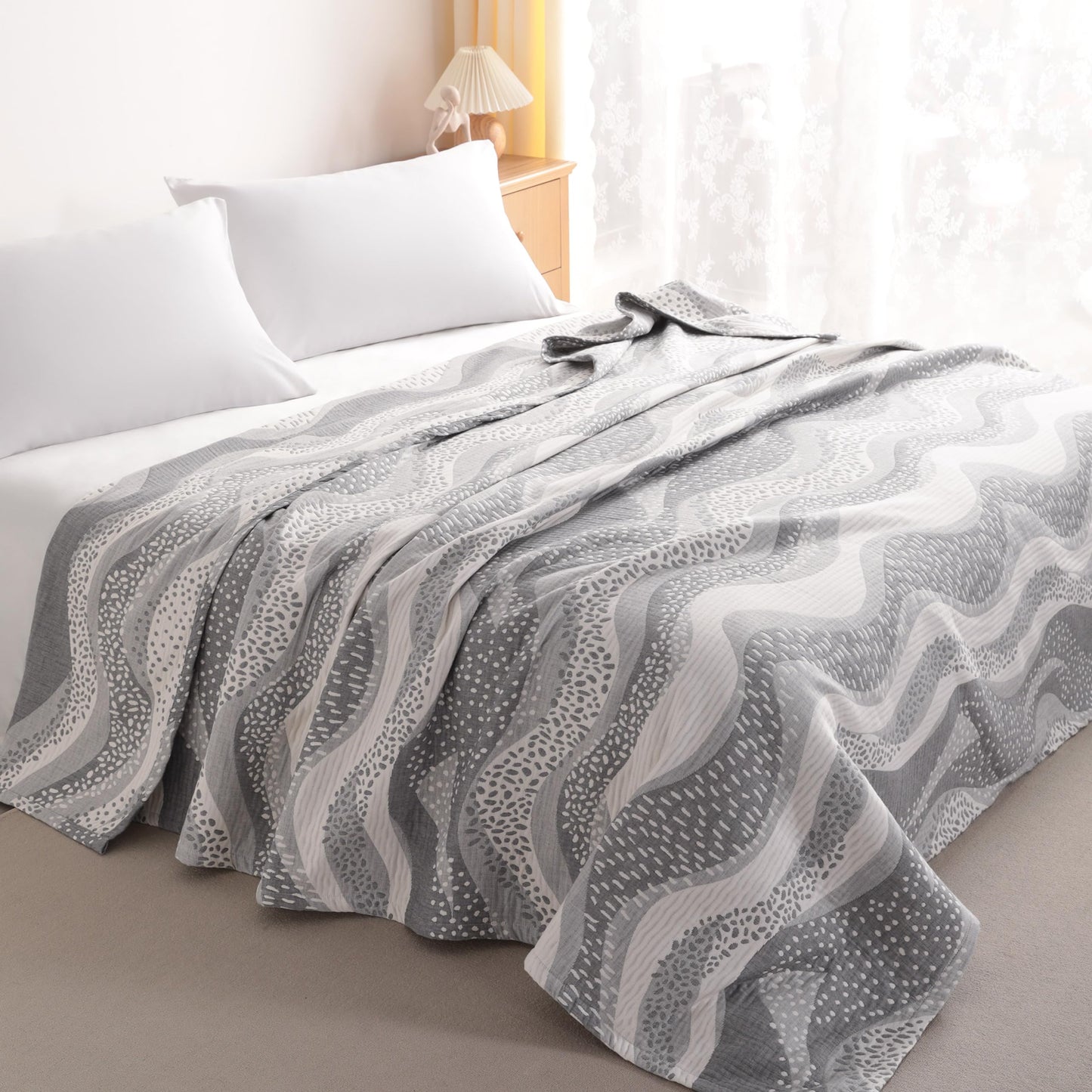 NTBAY 3 Layers Cotton Muslin 106x92 King Bed Blanket, Super Soft Breathable Thermal Yarn Dyed Quilt for Adults, Perfect Lightweight Blanket for Couch Sofa Bed All Seasons, Grey Wheat Waves