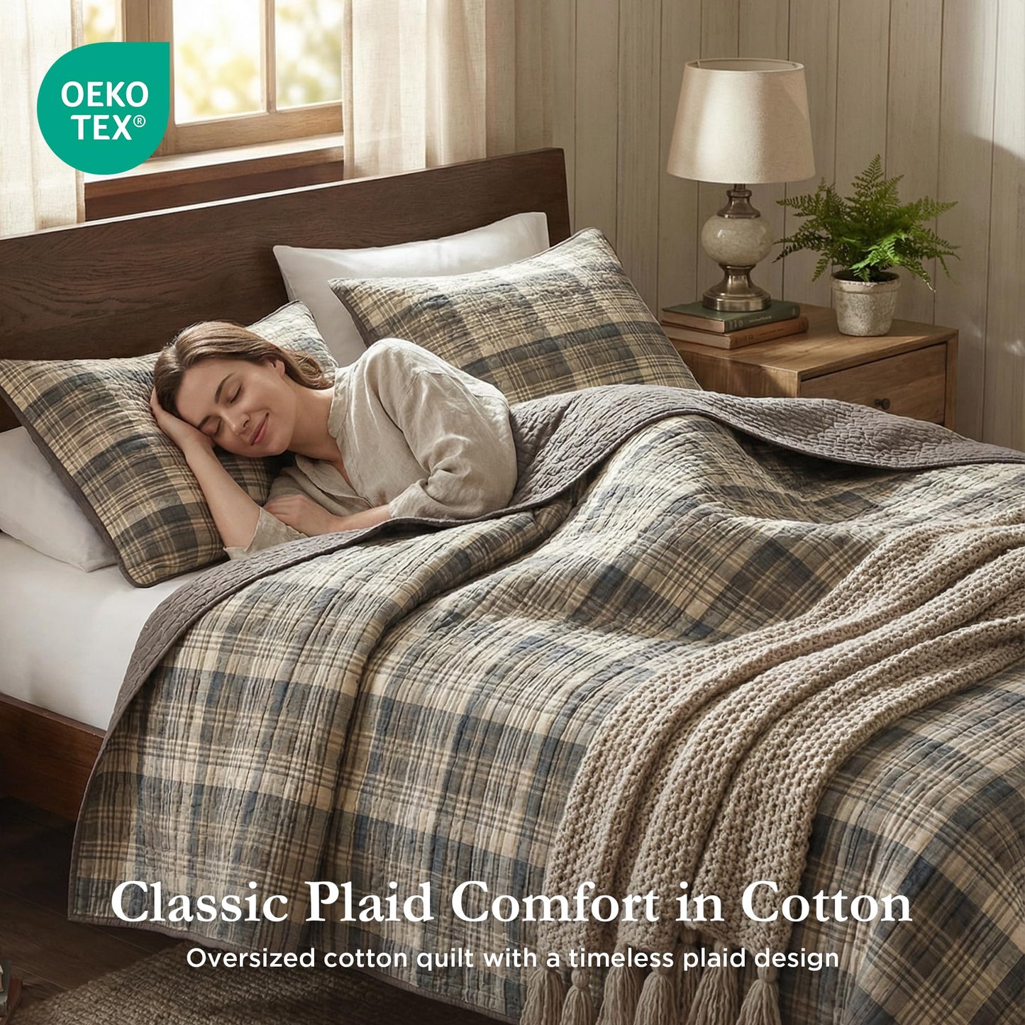 Woolrich Reversible Quilt Cabin Lifestyle Design - All Season, Breathable Coverlet Bedspread Bedding Set, Matching Shams, Oversized King/Cal King, Tasha Plaid Tan/Brown 3 Piece