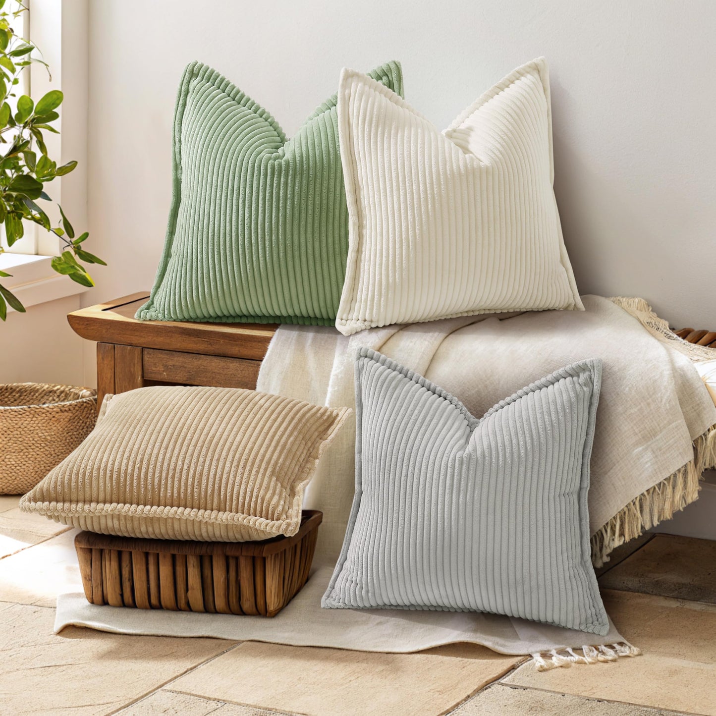 decorUhome Fall Corduroy Sage Green Euro Sham Throw Pillow Covers 22x22 Set of 2 Decorative Soft Boho Farmhouse Couch Pillow Covers for Living Room Bed Sofa Broadside Striped Pillow Cases