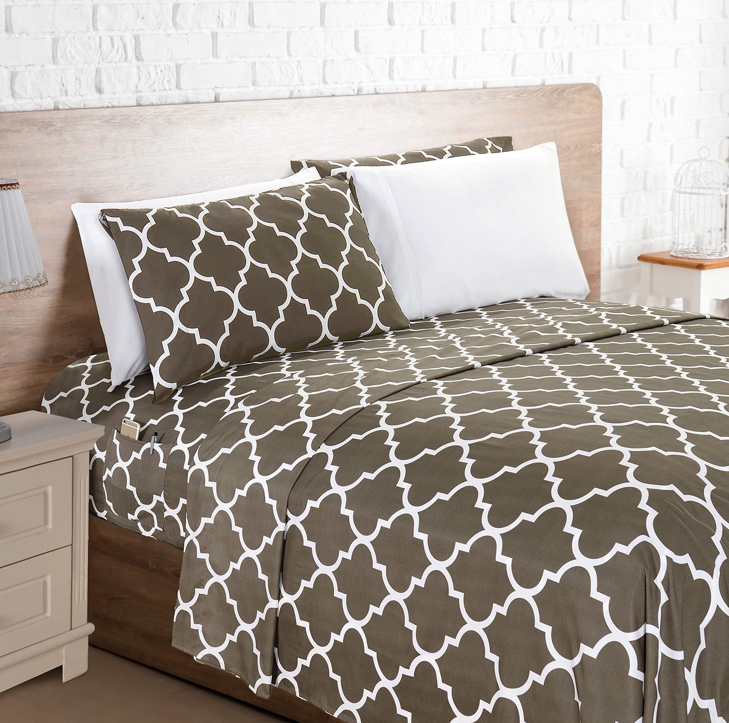 Elegant Comfort 6-Piece Moroccan Trellis Print Sheet Set, Super Cozy, Fade and Wrinkle Resistant, 1500 Premium Hotel Quality Microfiber, Deep Pocket Fitted Sheet with Smart Pockets, Queen, Gray