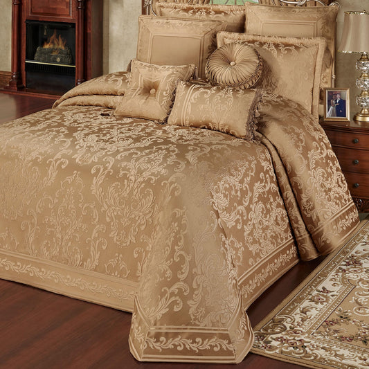 Monaco Luxury Bedding | Royal Monochromatic Metallic Gold Hues | Puff Jacquard-Woven Acanthus Leaf Damask and Scrollwork | 3 Piece Bed Set Includes Oversized California King Bedspread and 2 King Shams