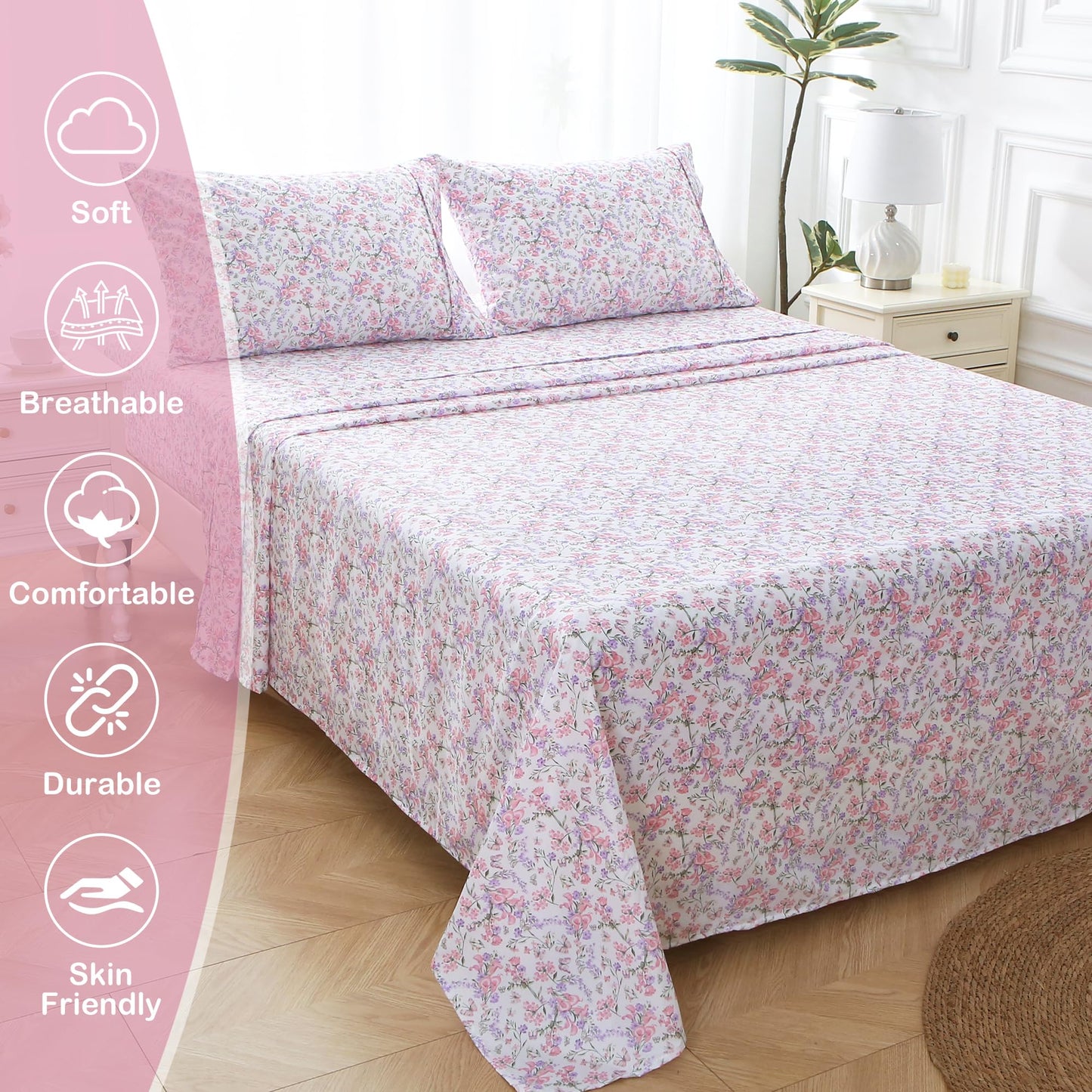 Mooreeke Cozy Vintage Microfiber Printed Queen Sheet Set - Soft Breathable Percale Cotton Floral Bed Sheets with Deep Pocket - Non-Slip Fitted Design - Pink Purple Flowers Pattern