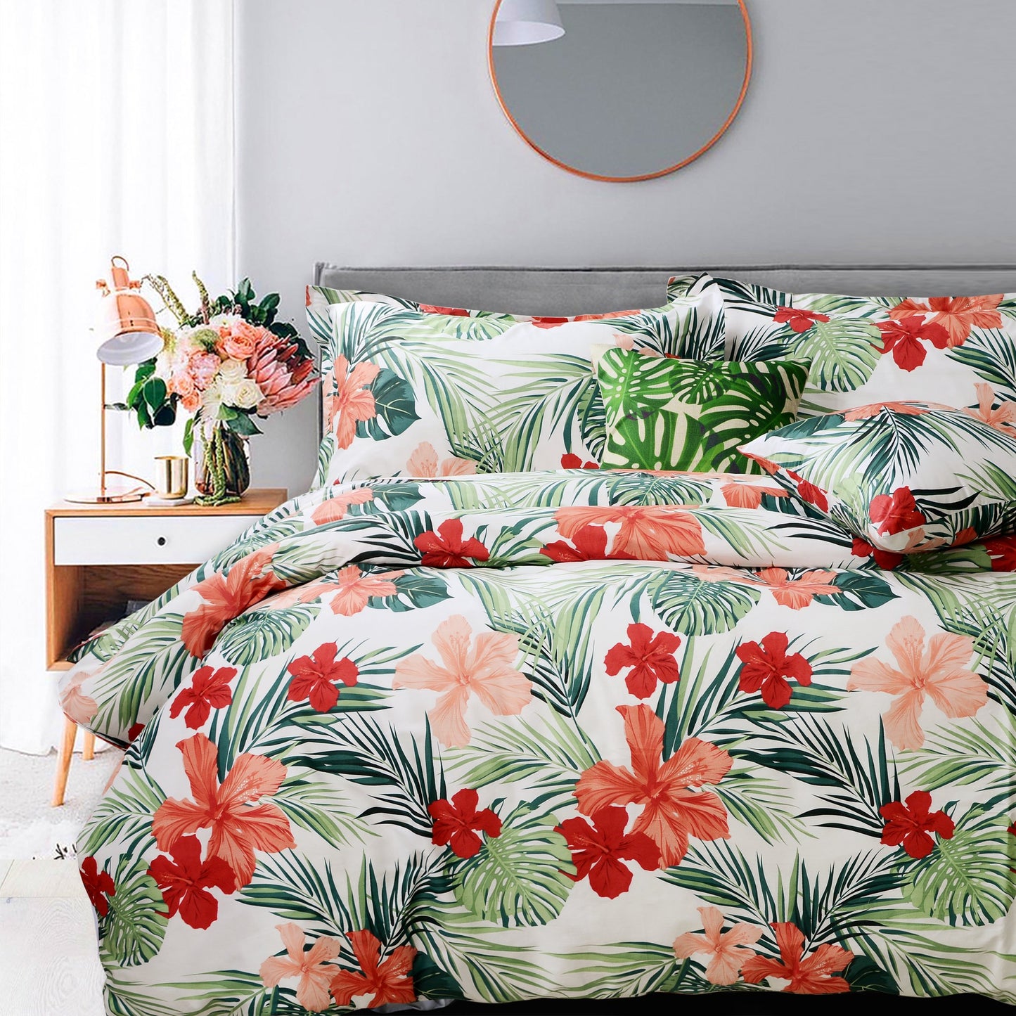 FADFAY Green Duvet Cover 100% Cotton Tropical Bedding Red Hibiscus Flower & Forest Green Palm Leaves Plants Watercolor Printed Zipper Closure Soft Breathable Girls Floral Bedding Set 3 Pcs, Full