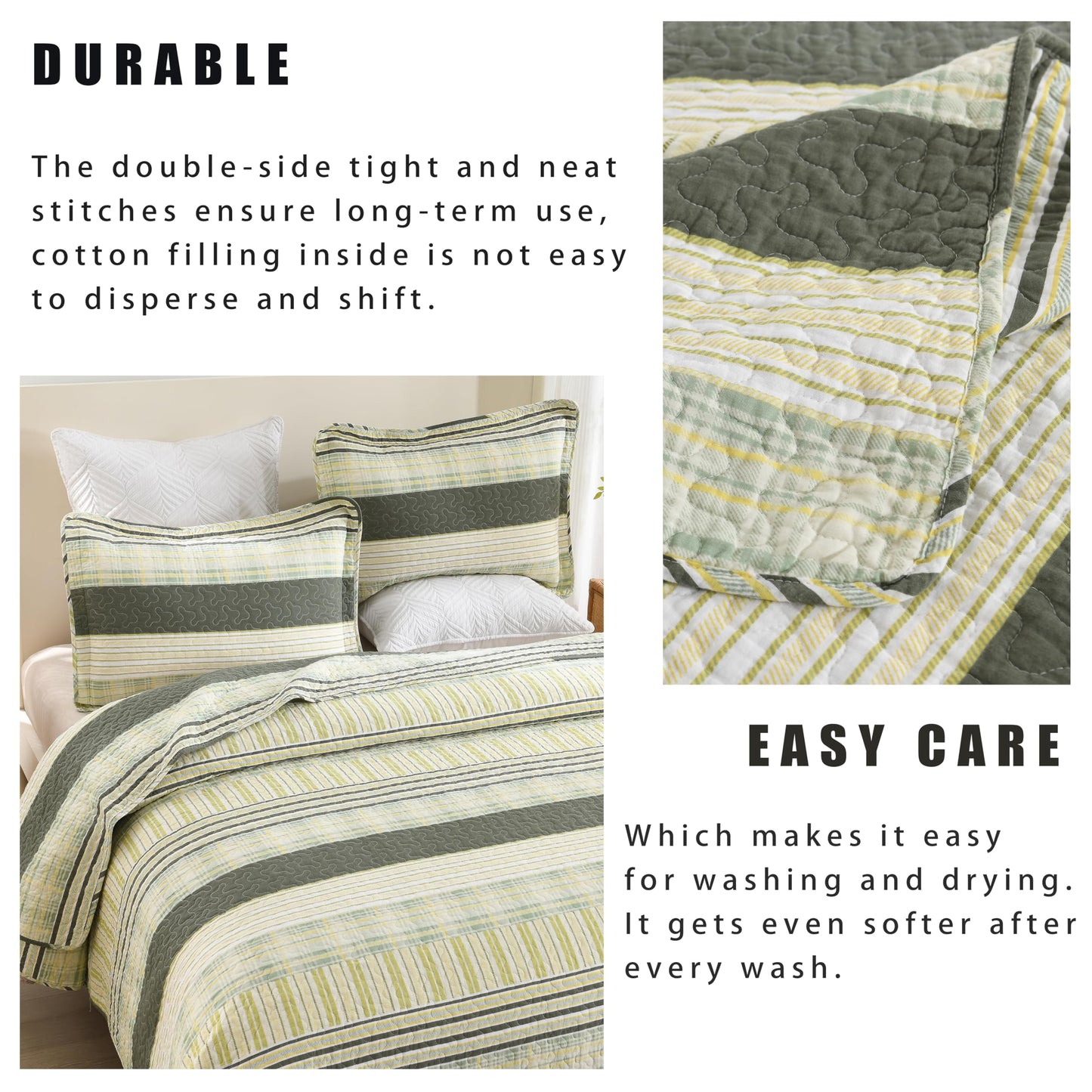 Homzard 100% Cotton Quilt King Size, Green Yellow Striped Plaid Quilt Bedding Set,Olive Green Lightweight Soft Farmhouse Bedspread Coverlet,Summer Spring Lightweight King Size Comforter Set 3 Pieces