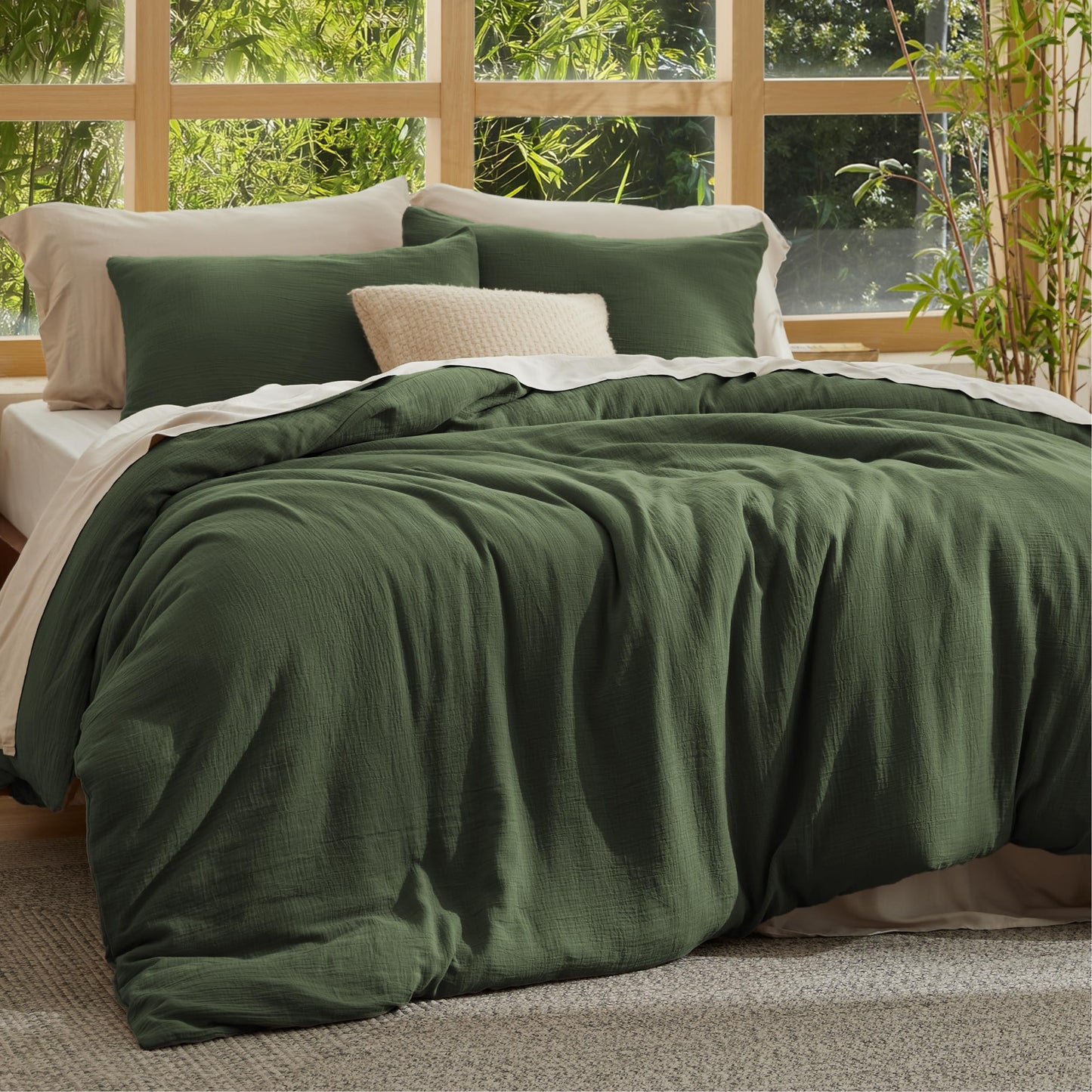 Bedsure Muslin Duvet Cover King Size - Cotton Blend Viscose Derived from Bamboo, Cooling Duvet Cover, PureWoven Ultra-Soft & Breathable Bedding Set for All Seasons (Olive Green, 104"x90")