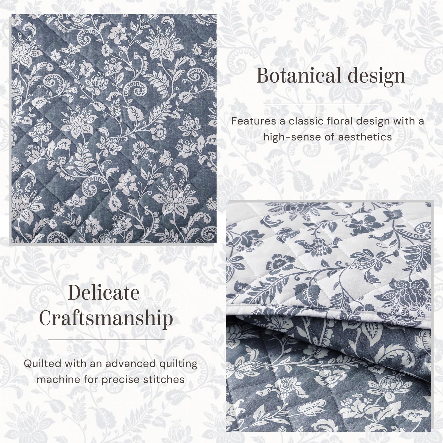 BLOOMHAVEN Quilt Set Queen Size, Oxford Blue Floral Quilt Sets, Reversible Bedspread Lightweight and Breathable for All Seasons, Soft Quilted Bedspread with 2 Pillow Shams