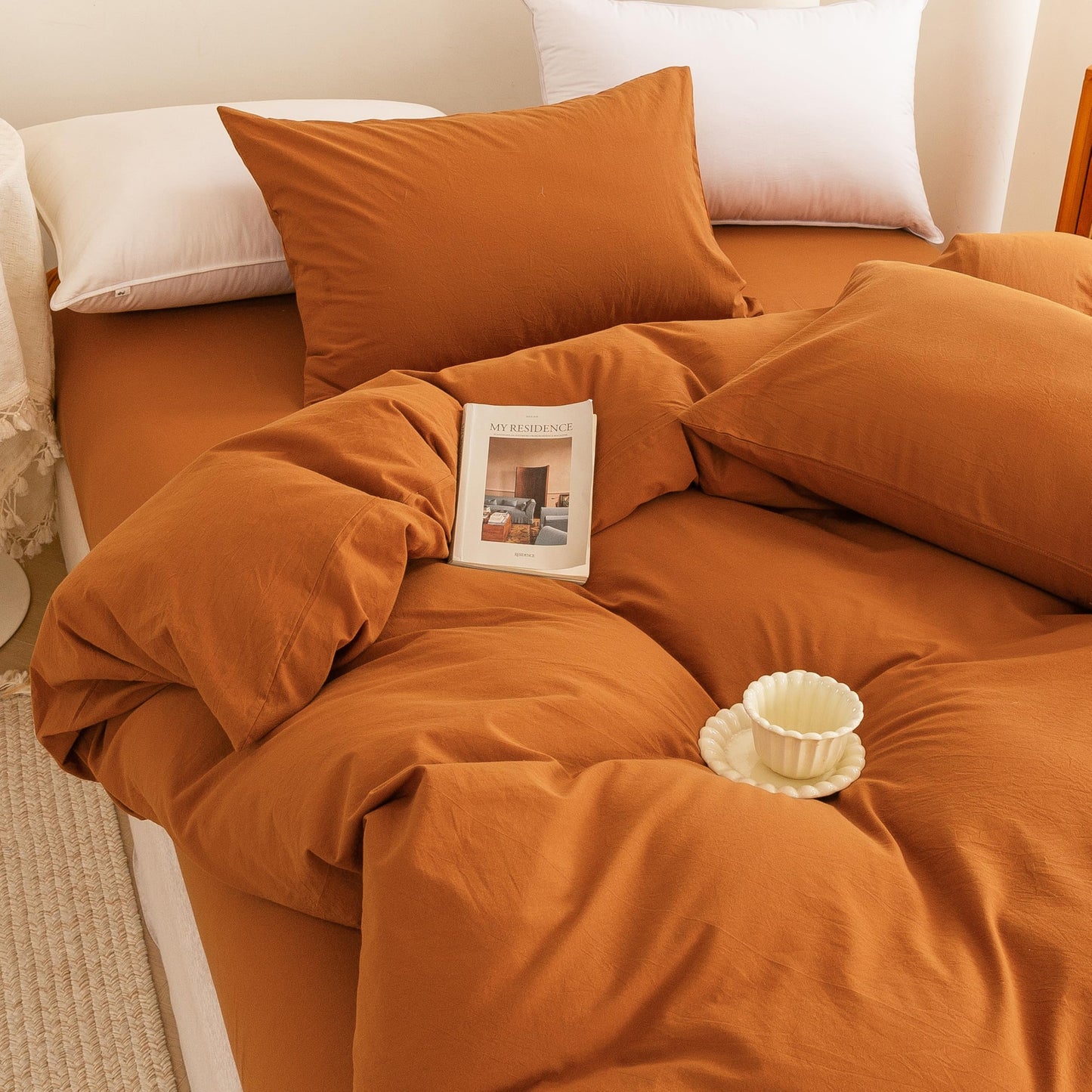 ECOCOTT Orange Duvet Cover Queen Size, 3 Piece 100% Washed Cotton 1 Duvet Cover with Zipper and 2 Pillowcases, Ultra Soft and Easy Care Breathable Cozy Bedding Set(Orange,Queen)