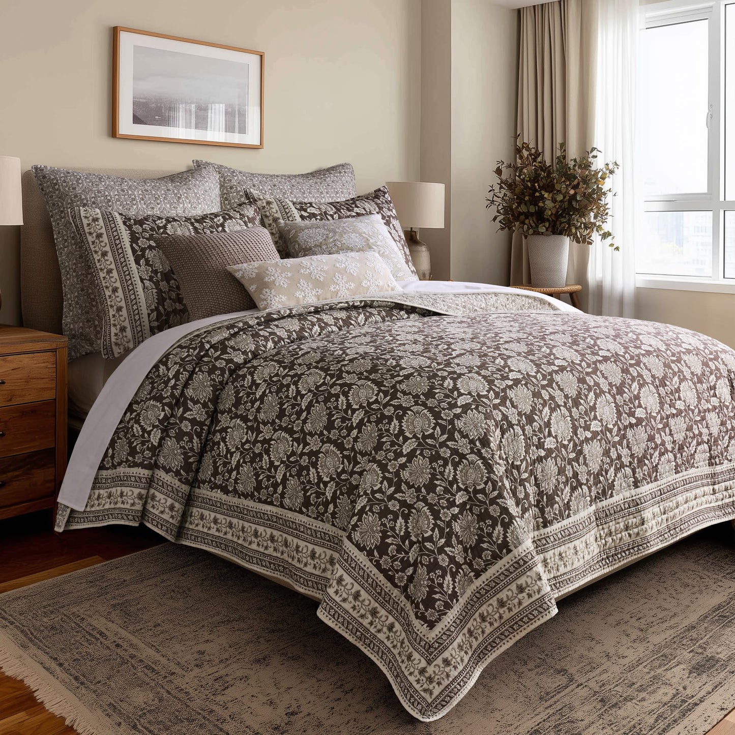 Levtex Home Adare Cocoa Reversible King/Cal King Quilt Set (106x92in) and 2 Pillow Shams (36x20in) - Floral Bedding - Brown Cream - Cotton King Size Quilt Bedding Set - Lightweight, Soft, Pre-Washed