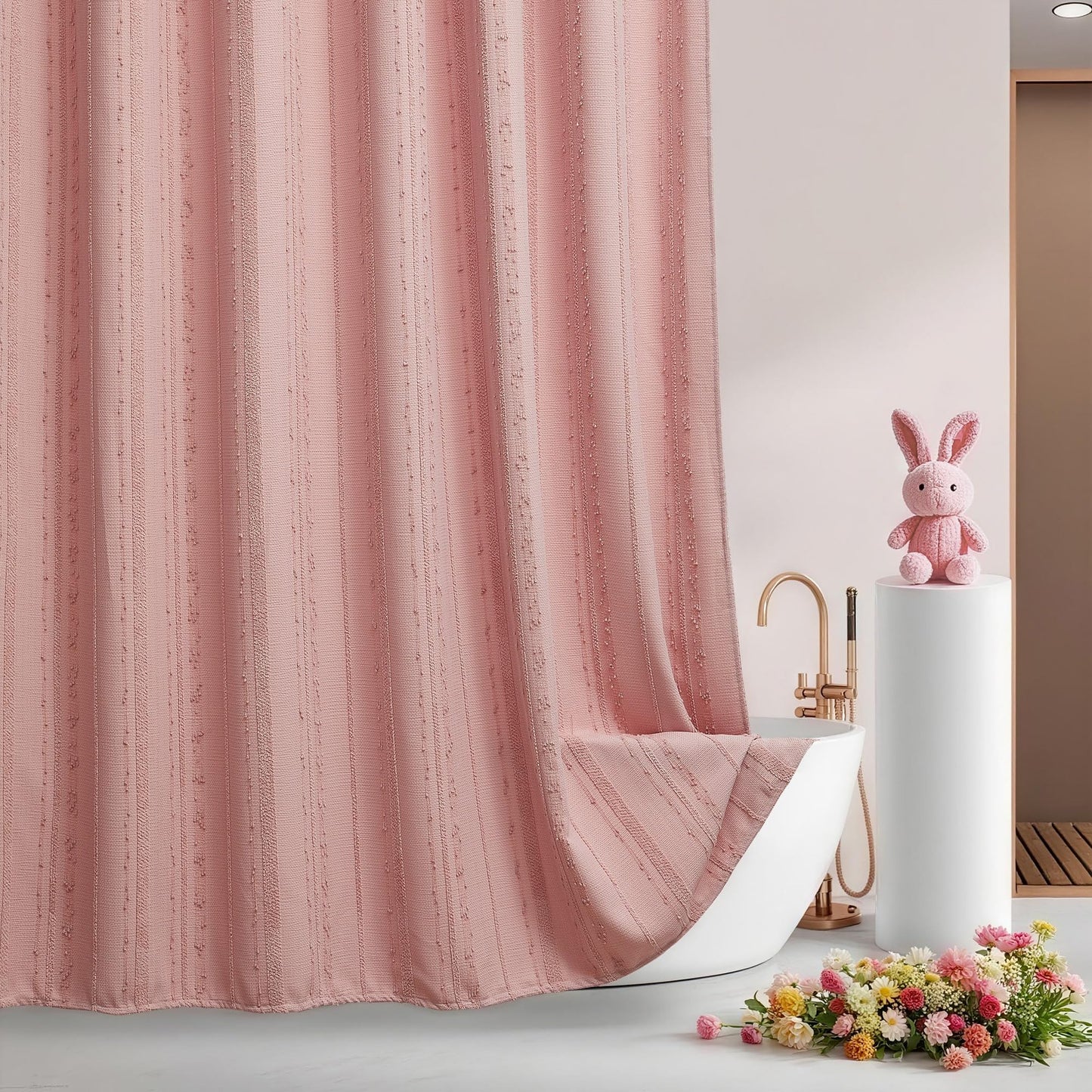 Lameirose Pink Shower Curtain Boho, Cotton Blend Waffle Shower Curtain Textured, Fabric Shower Curtains for Bathroom, Washable 72 x 72