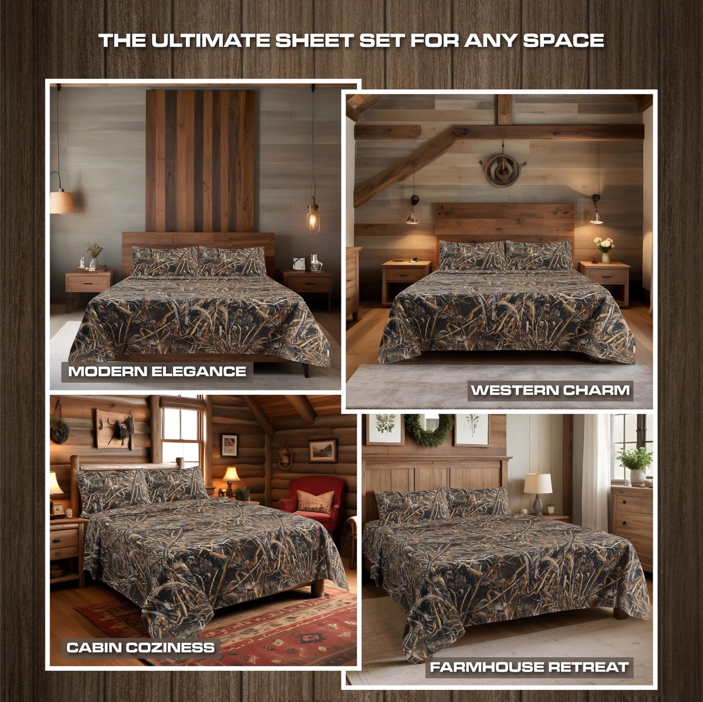 VISI-ONE Realtree Max-5 Queen Camo 4 Piece Sheet Set – Lightweight, Cooling, Wrinkle-Free Microfiber 13" Deep Pocket Sheets, Unisex Rustic Western Farmhouse Style Made to Complement All Living Spaces