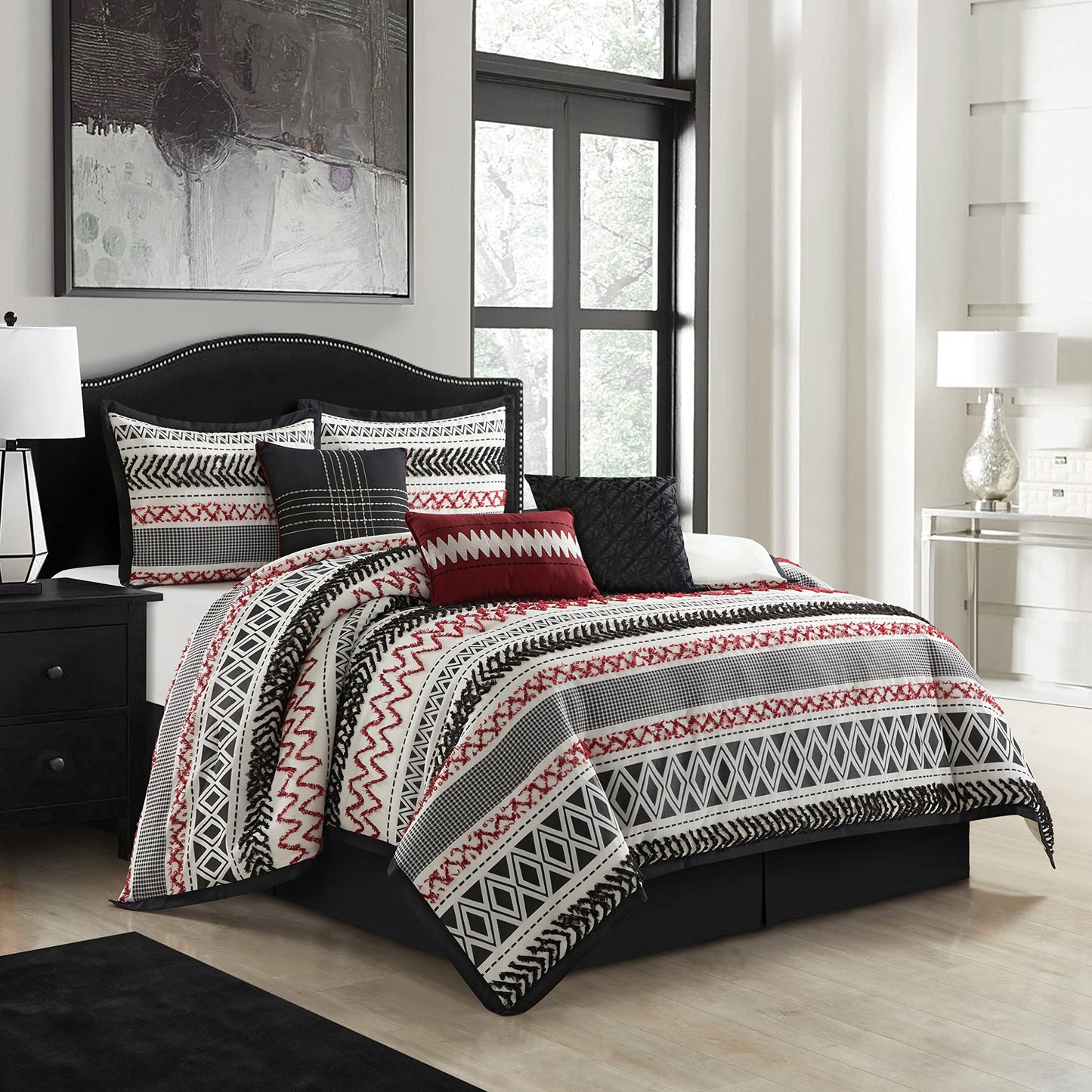 Startford Park Striped Comforter Set, 7 Piece,Black & Red, Bed Size Queen,Jacquard & Clip Geometric All Season Premium Bedding Set