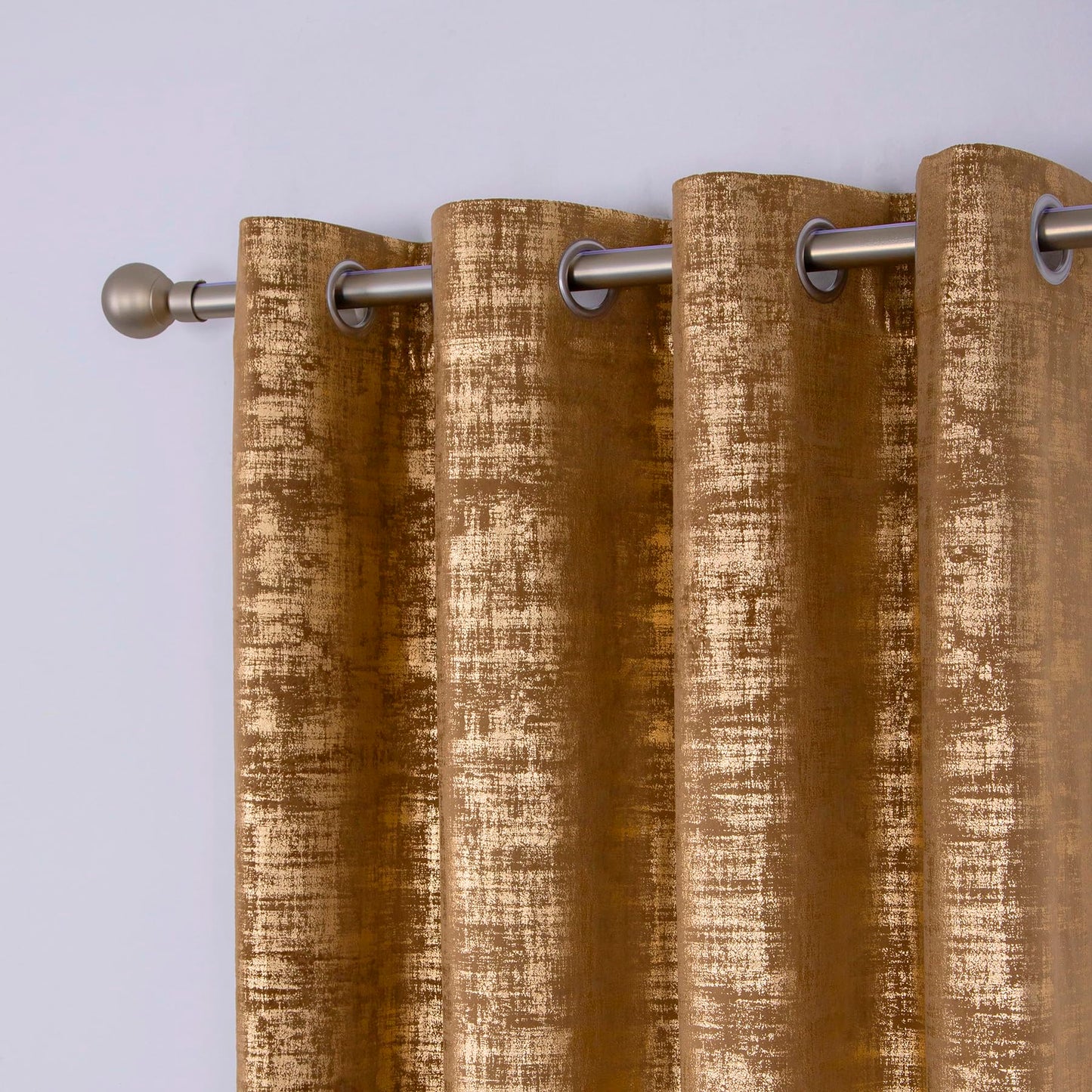 always4u 100% Blackout Soft Velvet Curtains for Bedroom Living Room Thermal Energy Saving 84 Inches Long Luxury Gold Foil Print Drapes 2 Panels Caramel