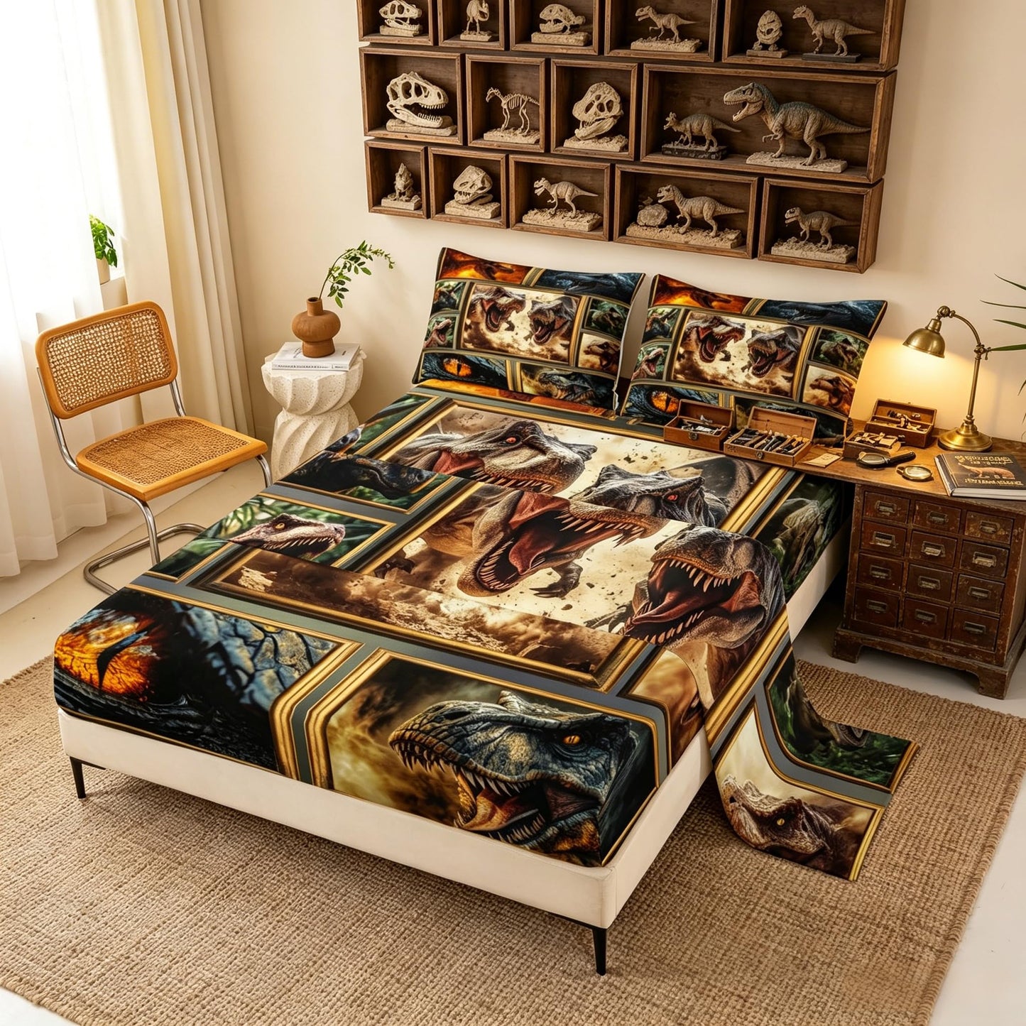 Feelyou Dinosaur Bed Sheets Sets Twin Size Kids Boys Girls 3D Digital Print Bedding Set Jungle Dino Bed Sheet Set with 16-Inch Deep Pockets Blue Orange White Yellow 3Pcs with 1 Pillow Cases Wildlife