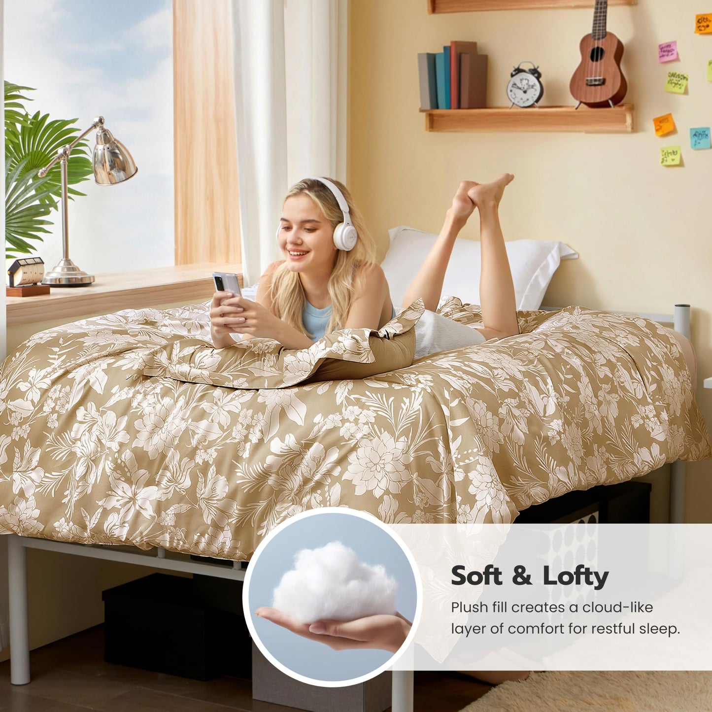 Joiedomi Floral Twin Comforter Set Beige Bedding Set - 2 Pieces Twin Bed in a Bag with 1 Soft Reversible Botanical Flowers Leaves Comforter and 1 Pillow Sham