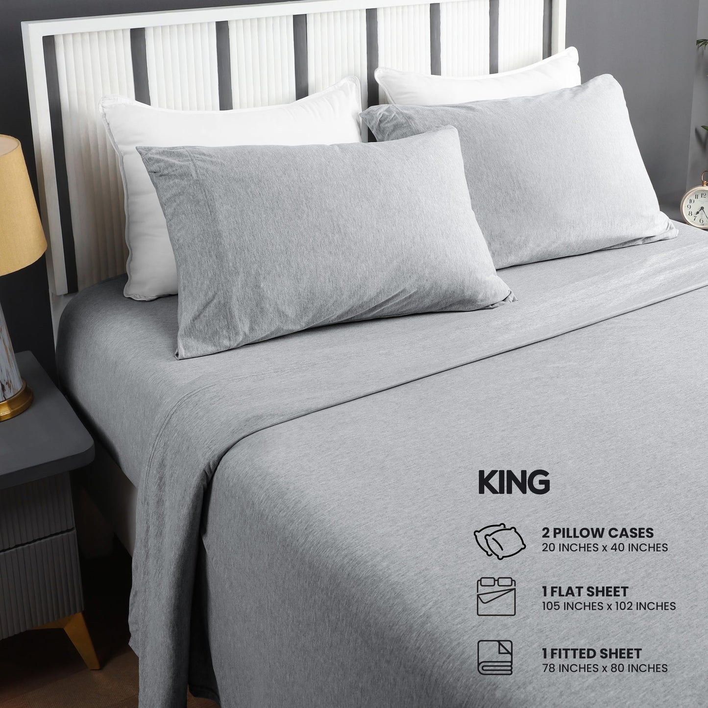 Utopia Bedding Jersey Knit King Sheets Set – 4 Piece Cotton Jersey Sheets, Ultra Soft T-Shirt Feel, Breathable & Stretchy Bed Sheet Set, Heather Light Grey