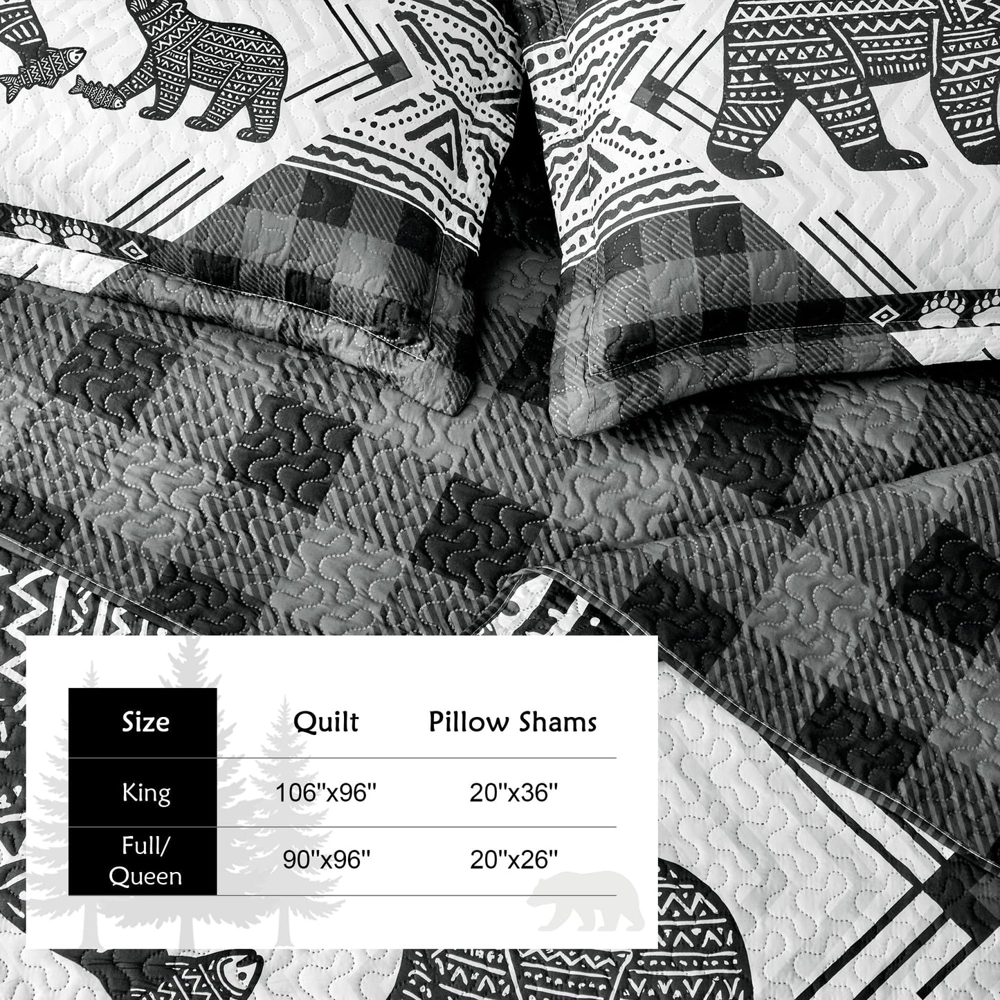 3 Piece Cabin Full/Queen Quilt Sets Farmhouse Rustic Reversible Microfiber Soft Lightweight Bedspread Comforter with 2 Shams Patchwork Country Lodge Bedding Quilts Set for All Season, 90''x96'' , Grey