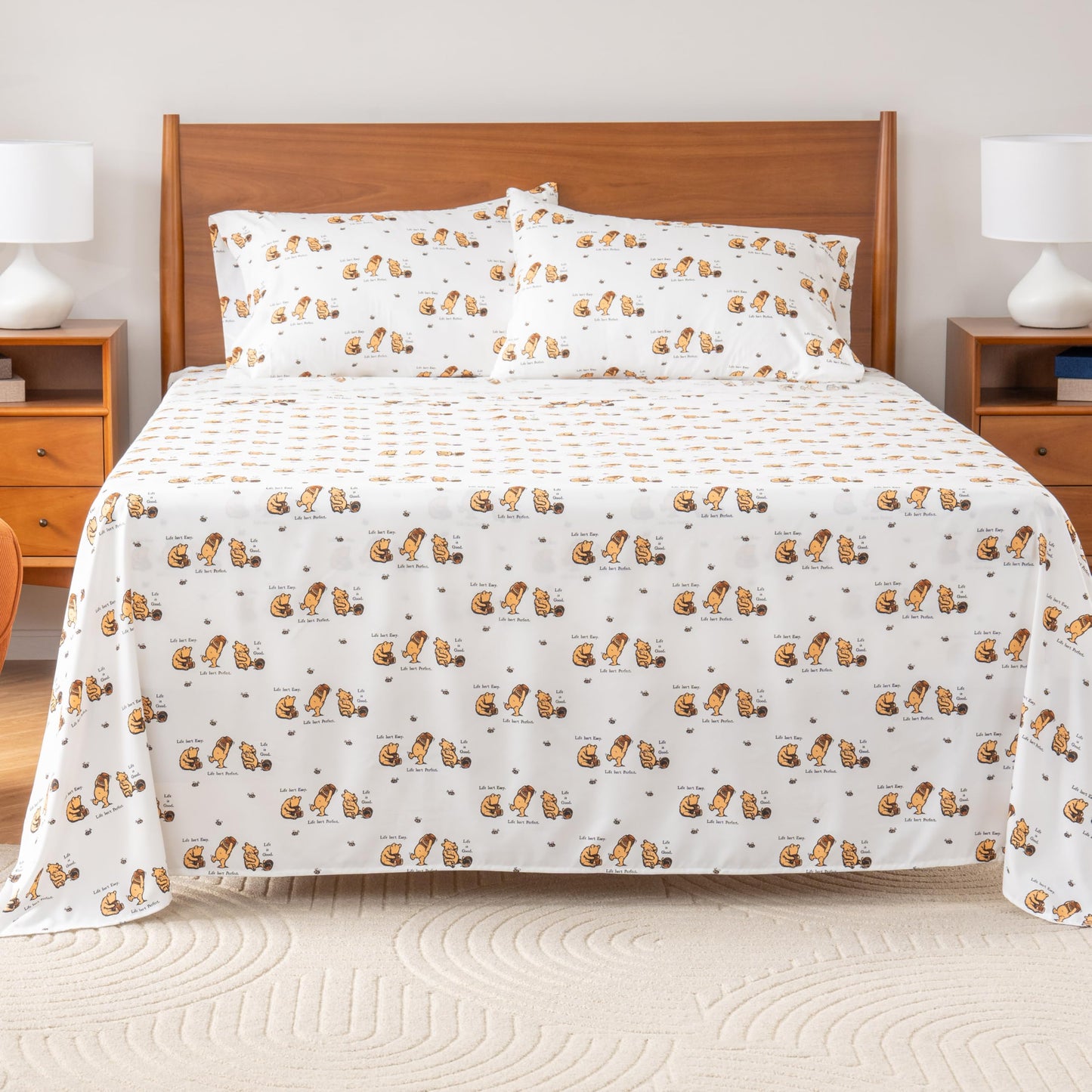 Berkshire Blanket Life is Good® Microfiber Sheets, Full Size - 4 Pieces, Life is Good® Mini Winnie and Hunny Toss White, Cute Character Snoopy Printed Soft Microfiber Bed Sheets