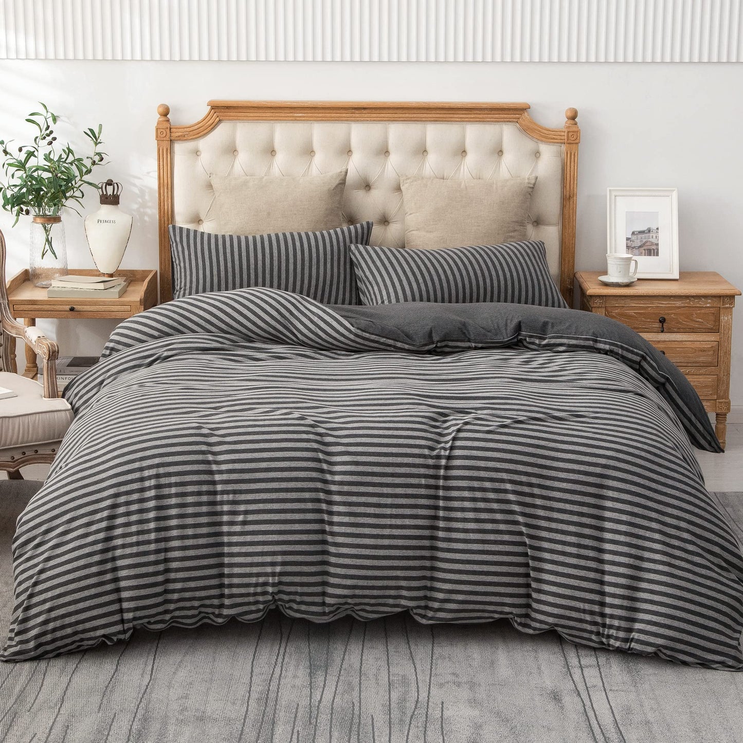 PURE ERA Jersey Knit Duvet Cover Set 100% T-Shirt Heather Cotton Super Soft Comfy Classic Striped Design, with Zipper Closure, Charcoal Dark Grey Stripe, King