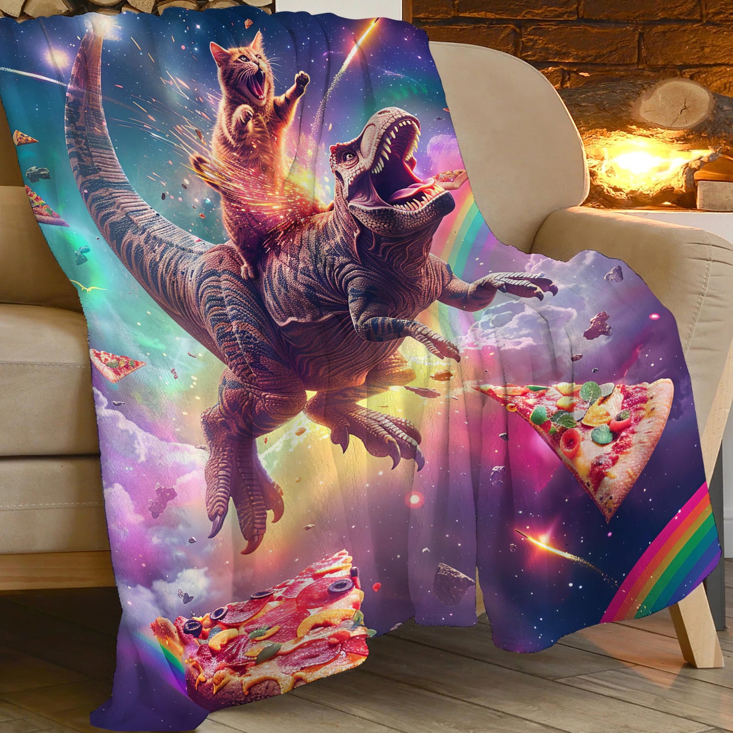 Cat and Dinosaur Blanket Rainbow Pizza Dino Cat Throw Blanket Gifts for Adults Men Women Boys Girls Kids Super Soft Cozy Plush Fluffy Fuzzy Fleece Blanket Decor 60''X80''