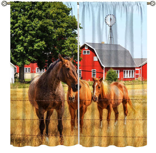 wlsgdsg Country Horse Decor Curtains for Kitchen,Vintage Farm Windmill Old Prairie Horse Farm Wild Farmhouse Cottage Horses Animals Window Drapes for Boys Girls Bedroom Living Room 42x45in