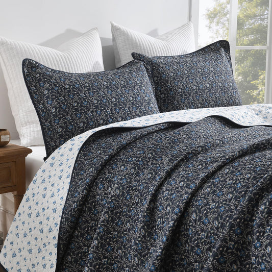 DDUOXIN Botanical Queen Quilt Set - 100% Cotton Reversible Plant Floral Quilts with 2 Pillow Shams, Curling Leaves Lightweight Bedspread Bedroom Bedding for All Seasons, Navy Blue/Blueberry/Bluesteel