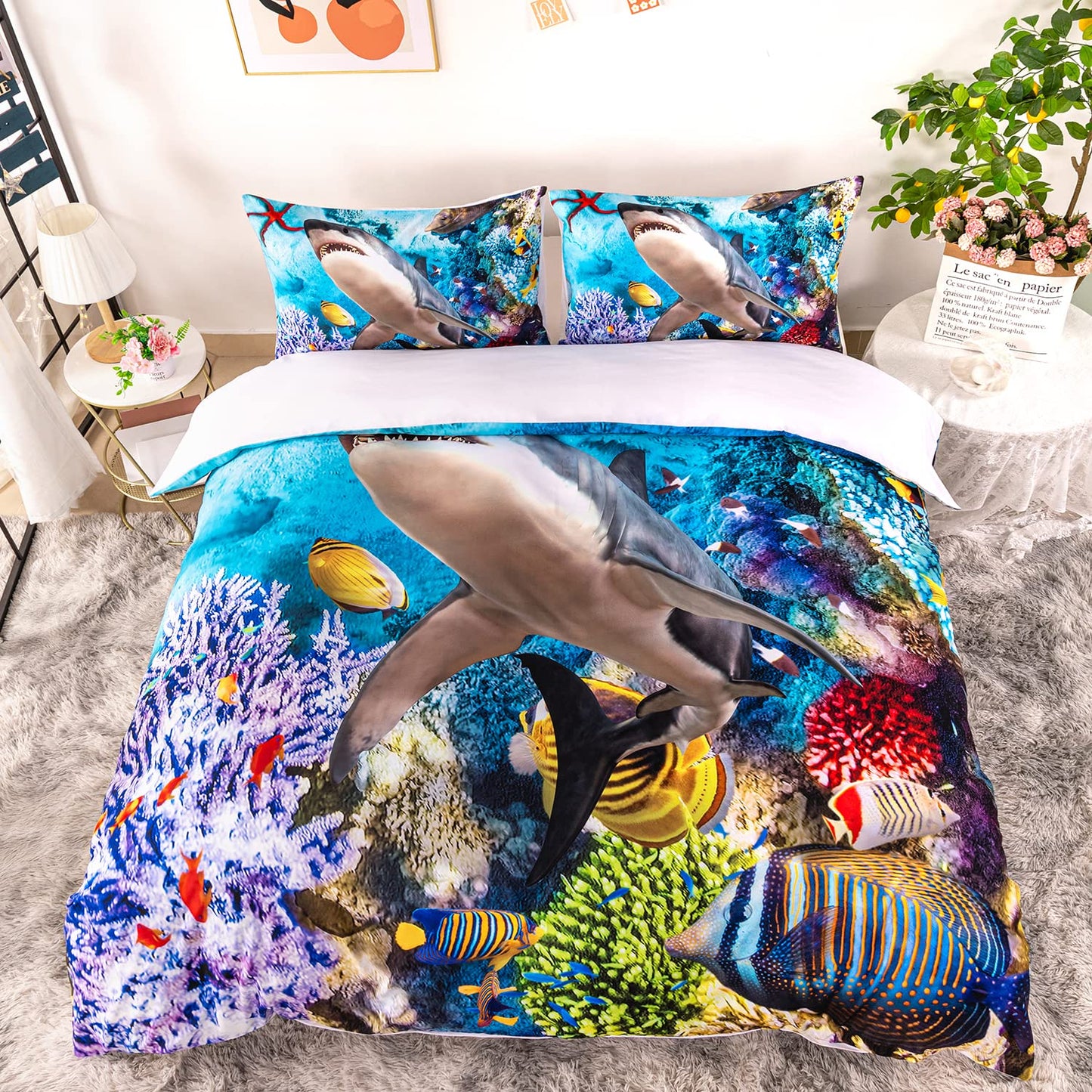 CVHOUSE Shark Duvet Cover Queen Size,Ocean Sea Bedding Set,Beach Comforter for Boys Kids Teens,1 2 Pillowcases 3 Piece Queen 89'x89'