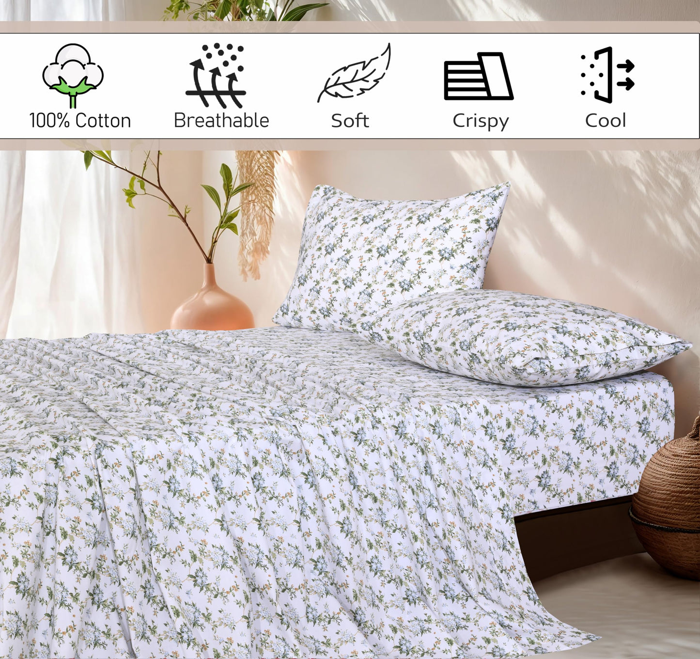 RUVANTI 100% Cotton Percale Sheets Full Size, Heritage