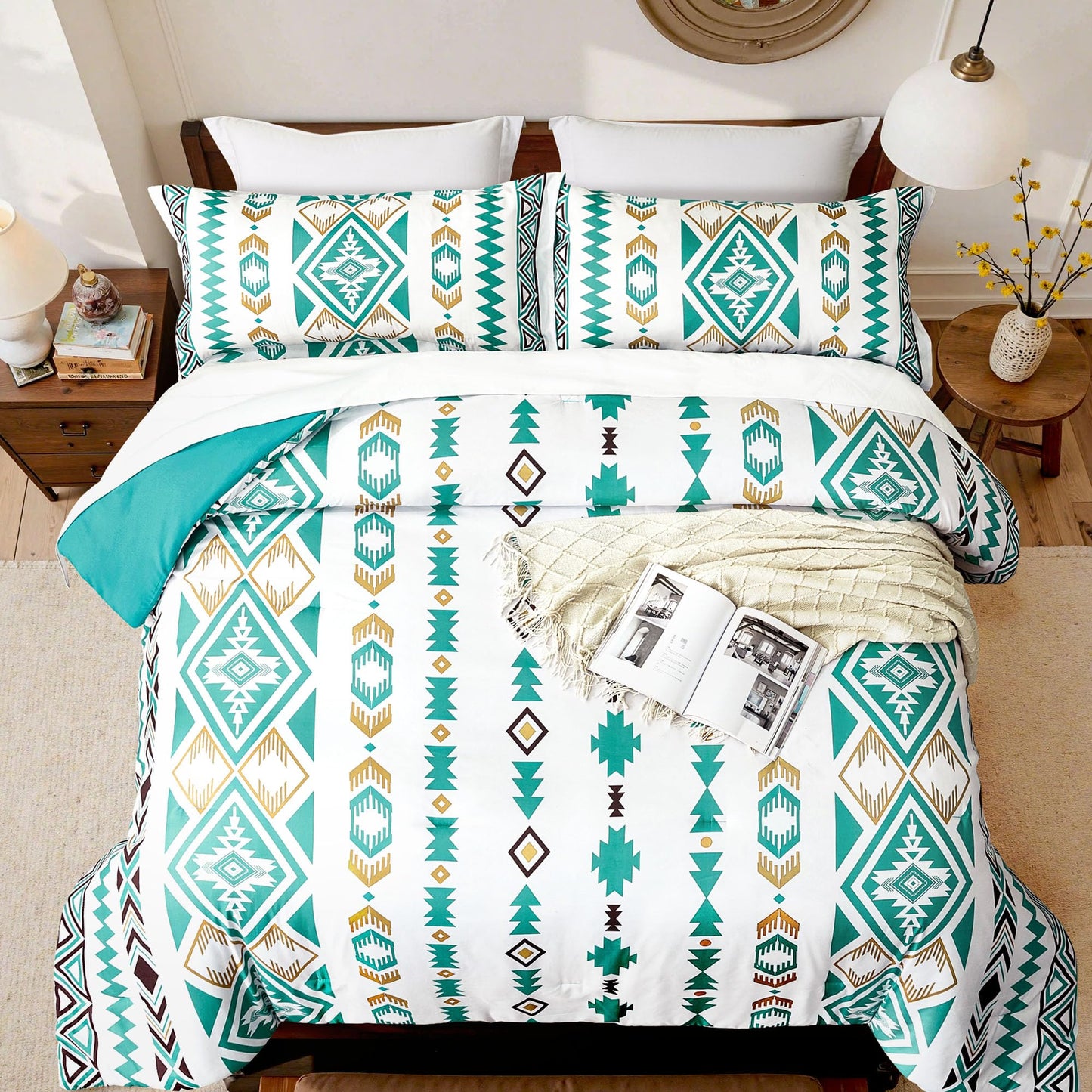Tyrot King Comforter Set – 3 Piece Turquoise Boho Aztec Bedding, Western Southwestern Style Comforter Sets, Soft Lightweight Comforter for All Seasons, 1 Comforter & 2 Pillow Shams