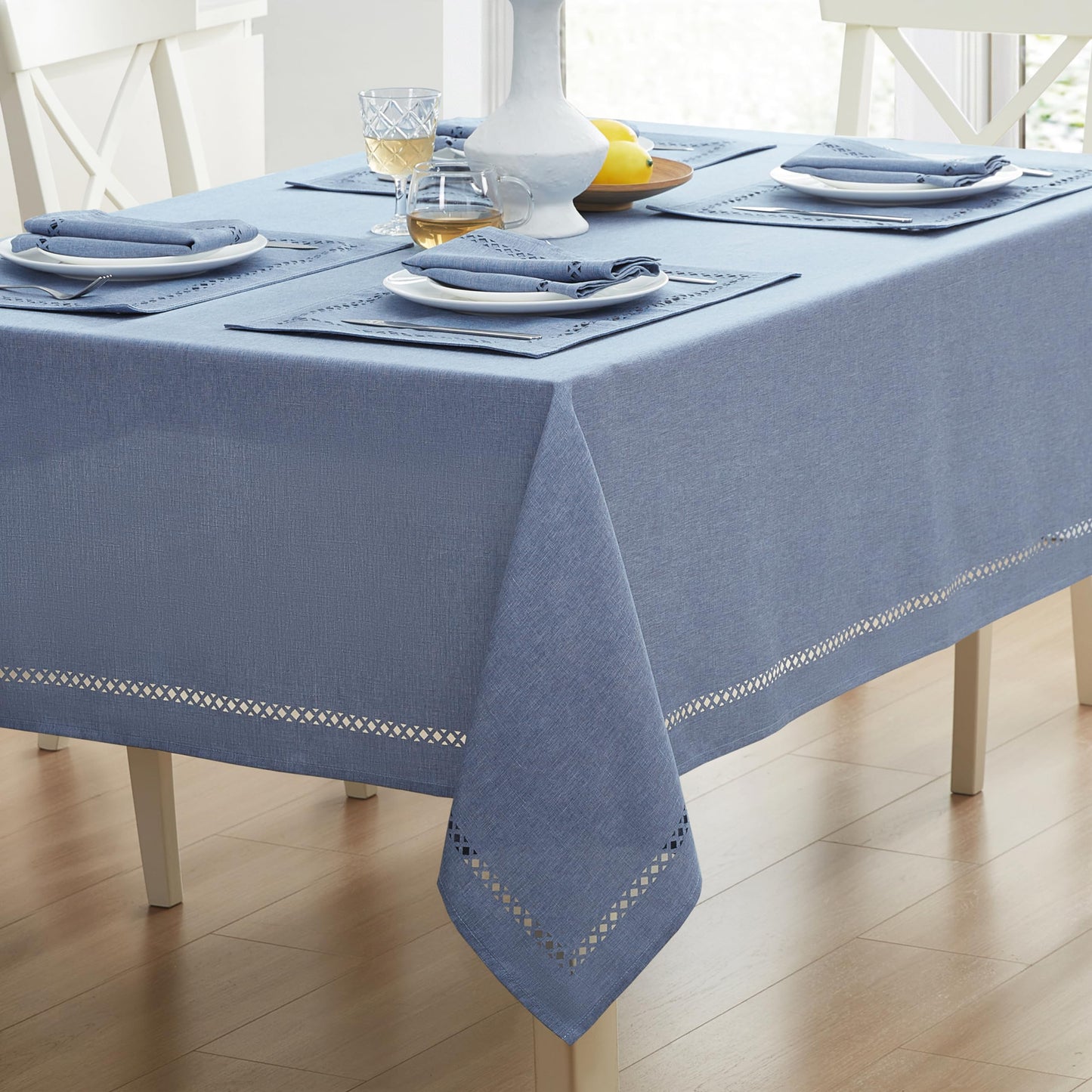 Newbridge Fabric Square Tablecloth, 52 x 52 Inch, Provence Lattice Cutwork Solid Color Textured, Water and Stain Resistant Easy Care Table Cloth for Parties, Wedgewood Blue
