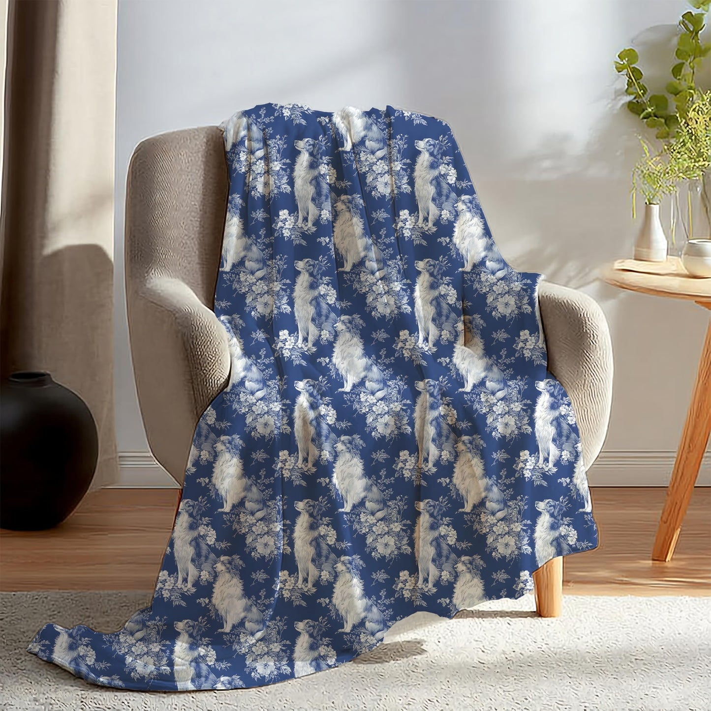 BUJSP Blue Chinoiserie Border Collie Blanket, Border Collie Gifts for Women, Grandmillennial Blue and White French Toile Dog Throw Blanket for Home Bedroom Room Couch Bed Decor, 50x60 Inches