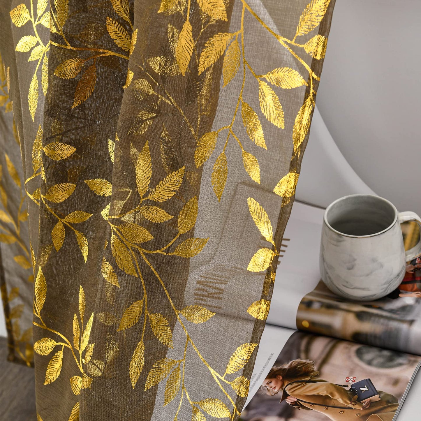 Sutuo Home Sheer Curtains 84 Inch Length 2 Panels Set, Luxury Gold Foil Printed Metallic Bronzing Leaves, Privacy Window Treatment Decor Drape Pair for Bedroom Dining Room, 52" W x 84" L, Taupe