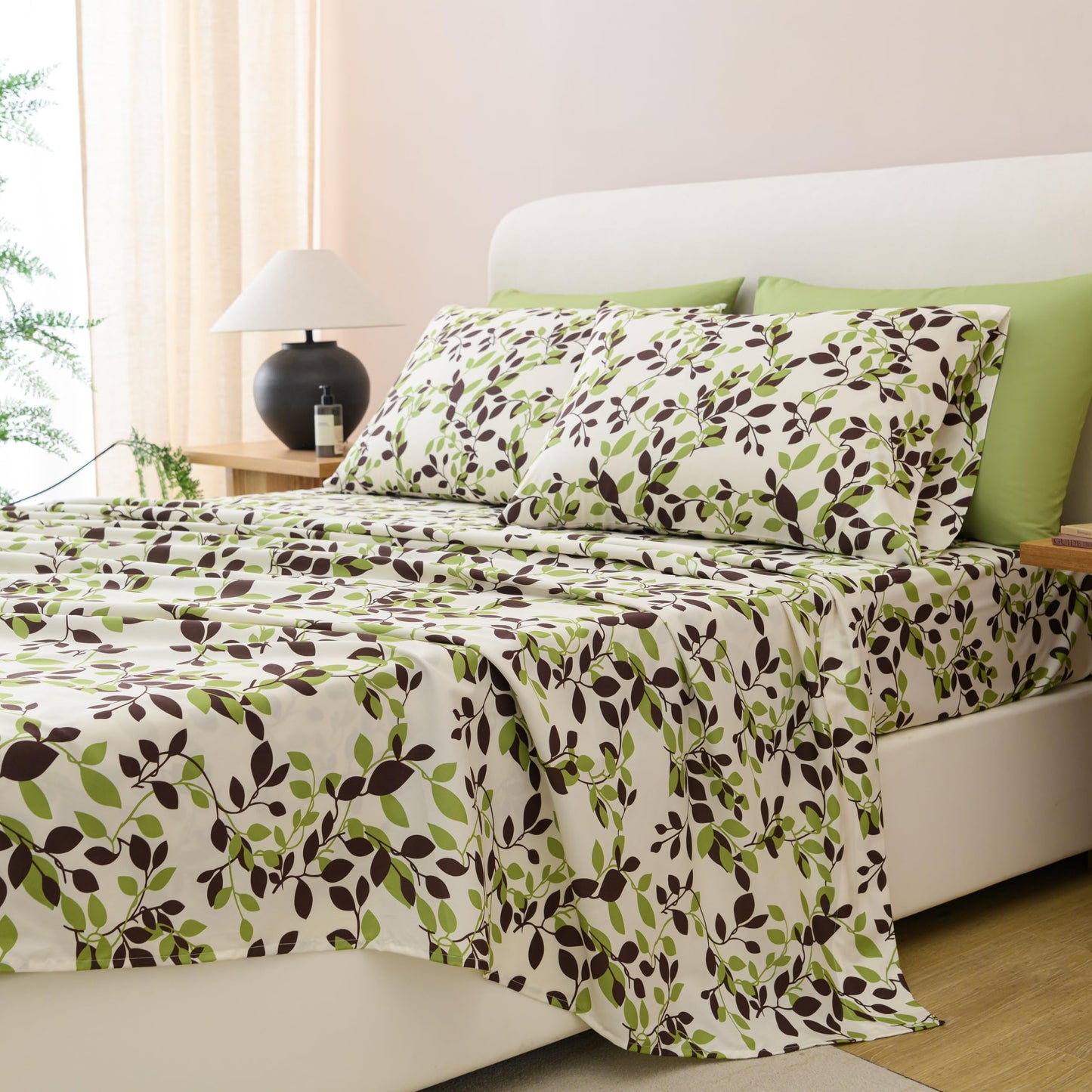 Spirit Linen Home 6-Piece Queen Size Bed Sheet Set - Deep Pocket, Green Leaf Pattern, Soft and Breathable Bed Sheets, Microfiber Material, Includes 1 Fitted, 1 Flat, 4 Pillowcases - Beige/Green Leaves
