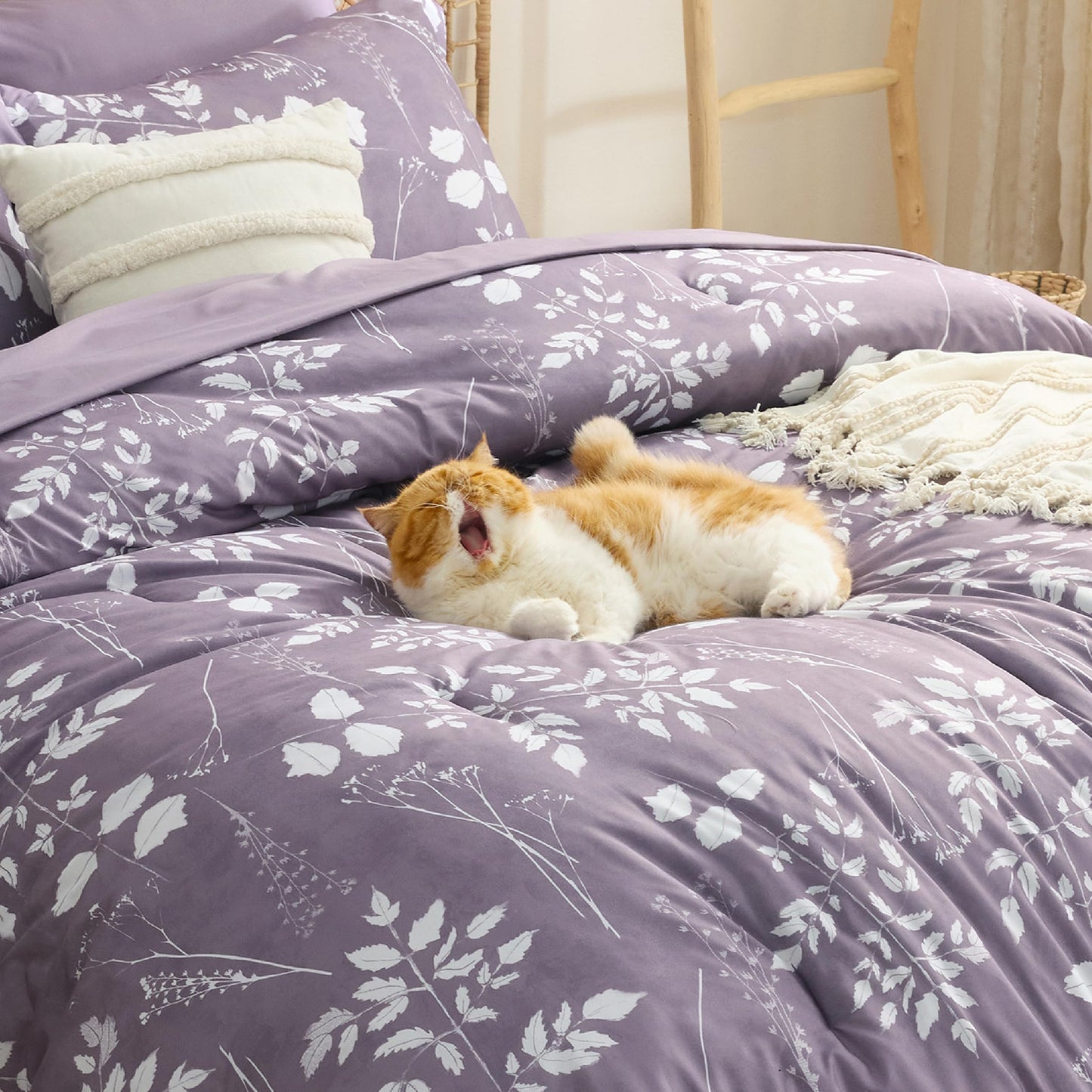 Bedsure Grayish Purple Queen Comforter Set - 7 Pieces Floral Bedding Sets Queen Bed in a Bag with Reversible Botanical Flowers Comforter, Sheets, Pillowcases & Shams