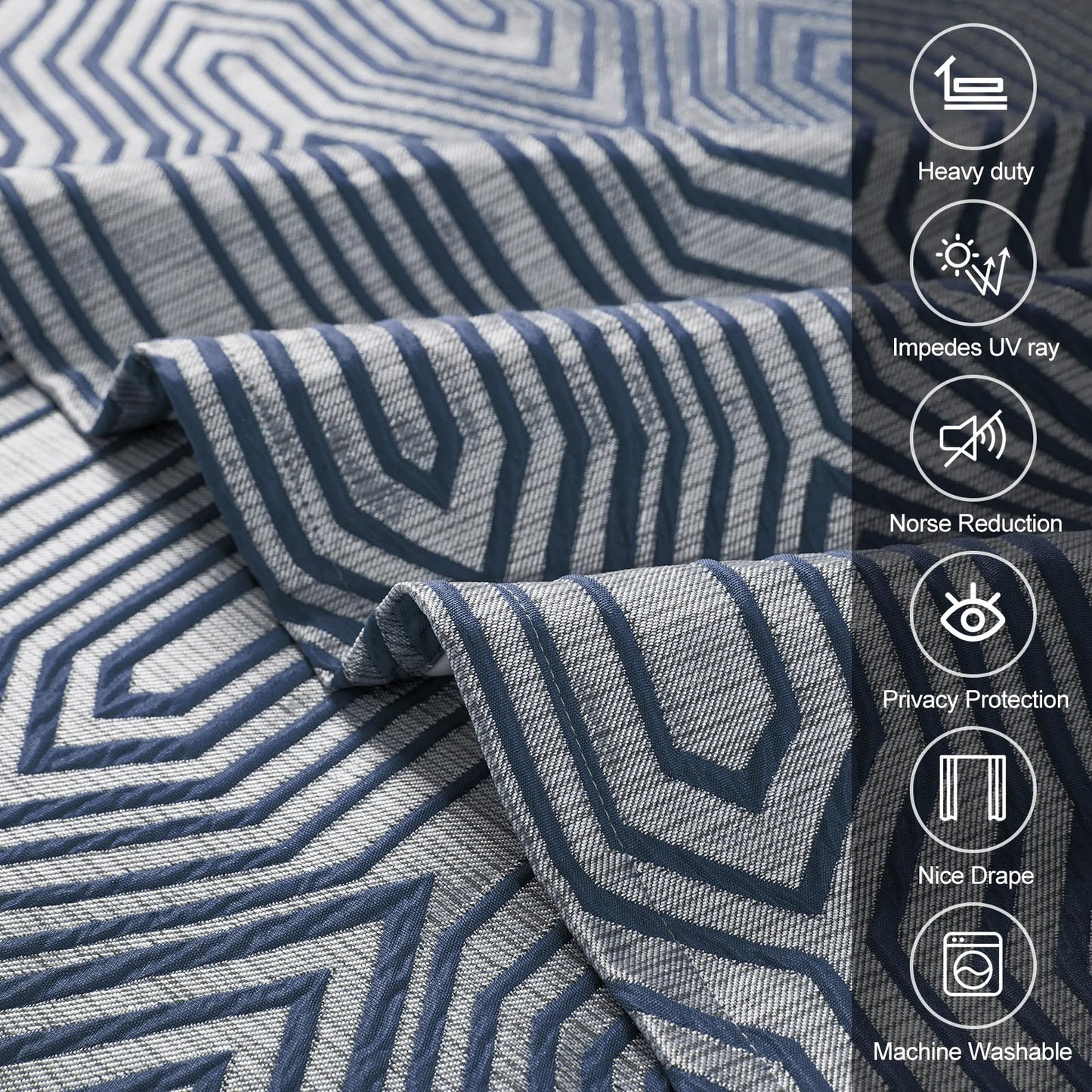 Indigo Blue and Silvery 100% Blackout Jacquard Geometric Pattern Curtains,52 Inch Wide 96 Inch Length 2 Panels, Thermal Insulated Noise Reducing Anti-Rust Grommet Drapes for Bedroom Living Room