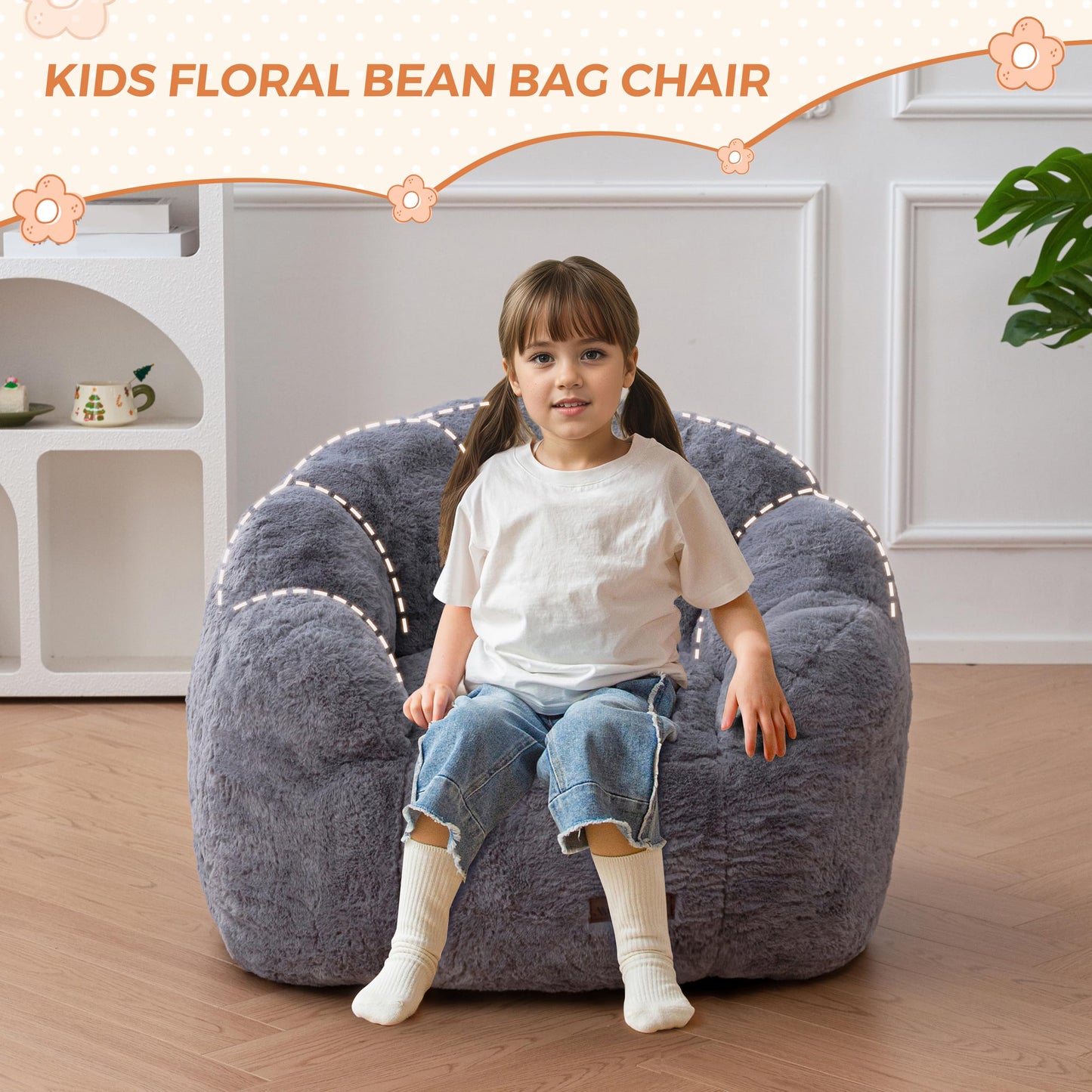 MAXYOYO Kids Bean Bag Chair, Floral Shaped Bean Bag Sofa, Plush Faux Fur Toddler Couch with Petal Backrest for Boys Girls, Stuffed Cozy Sofa for Nursery, Bedroom, Grey