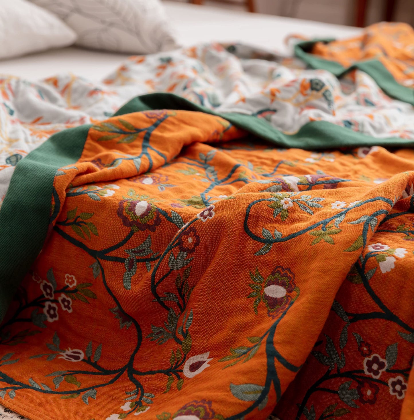 Scientific Sleep Vine Floral Blossom Senior Retro 100% Cotton Muslin Blanket Throw Cover for Bed Couch Sofa Cozy Soft Reversible Bedding Blanket Quilt Bedspread Coverlet Full Queen 80 in x 90 in