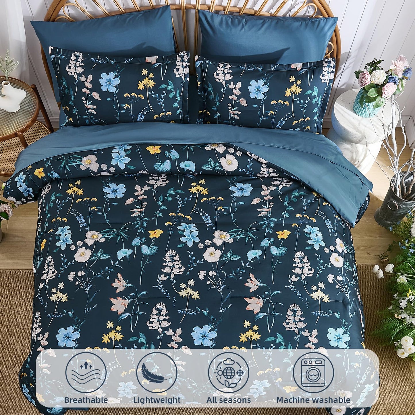 DJY Comforter Set King Size,Teal Blue Floral Bedding Comforter Sets,7 Pieces Bed in a Bag Lightweight Botanical Comforter Set with Sheets Pillowcases & Shams for All Seasons