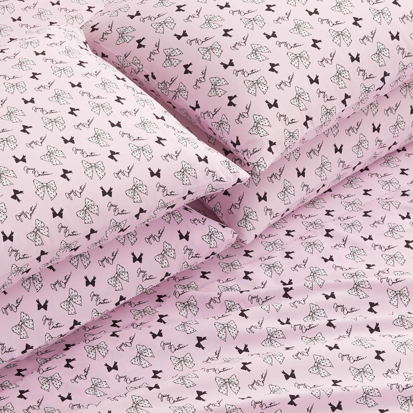Juicy Couture Printed Microfiber 6-Piece King Sheet Set, Polka Dot Bow Toss Light Pink