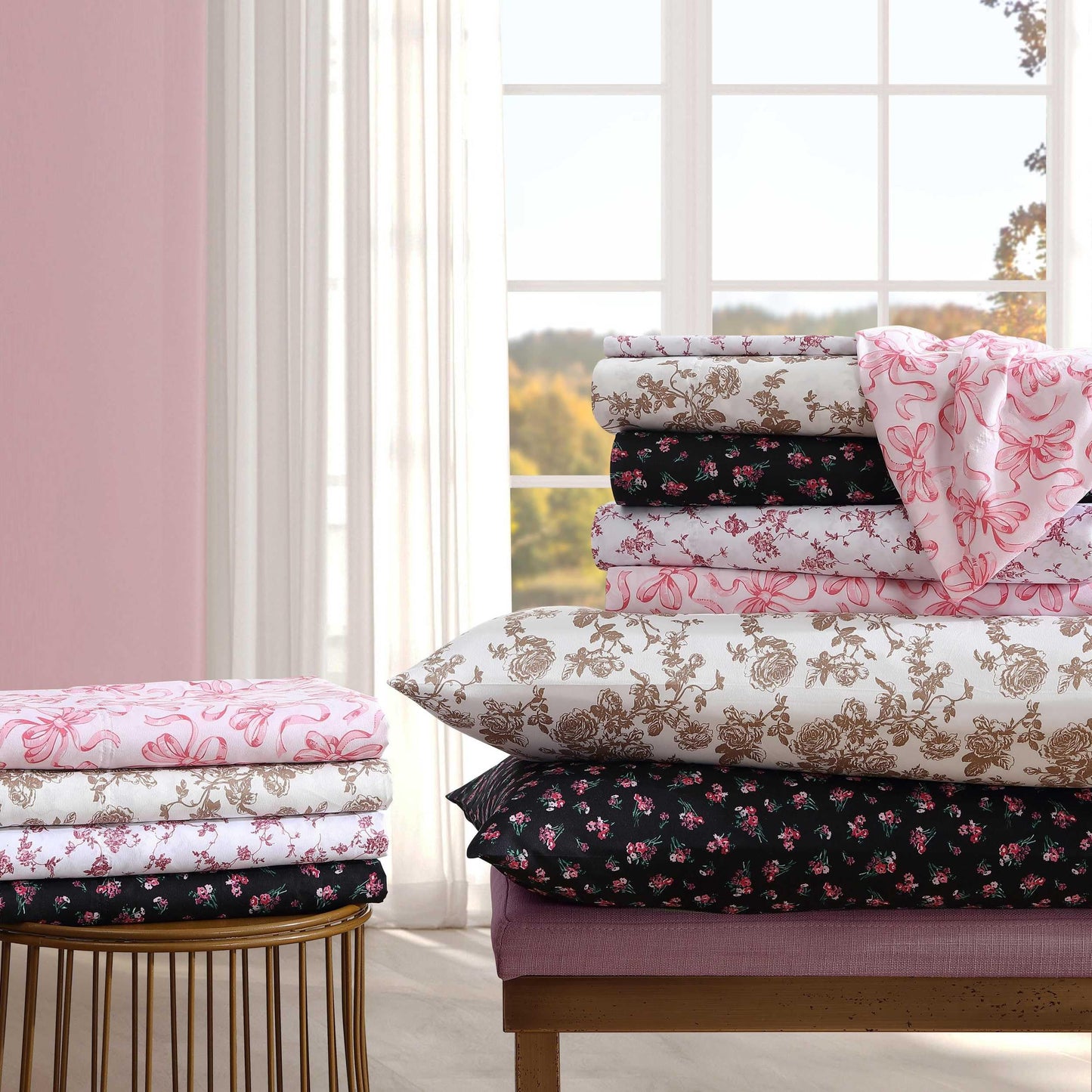 Betsey Johnson - Queen Bed Sheets, Soft & Lightweight Bedding, Fade & Wrinkle Resistant (Floral Toile Pink, Queen)