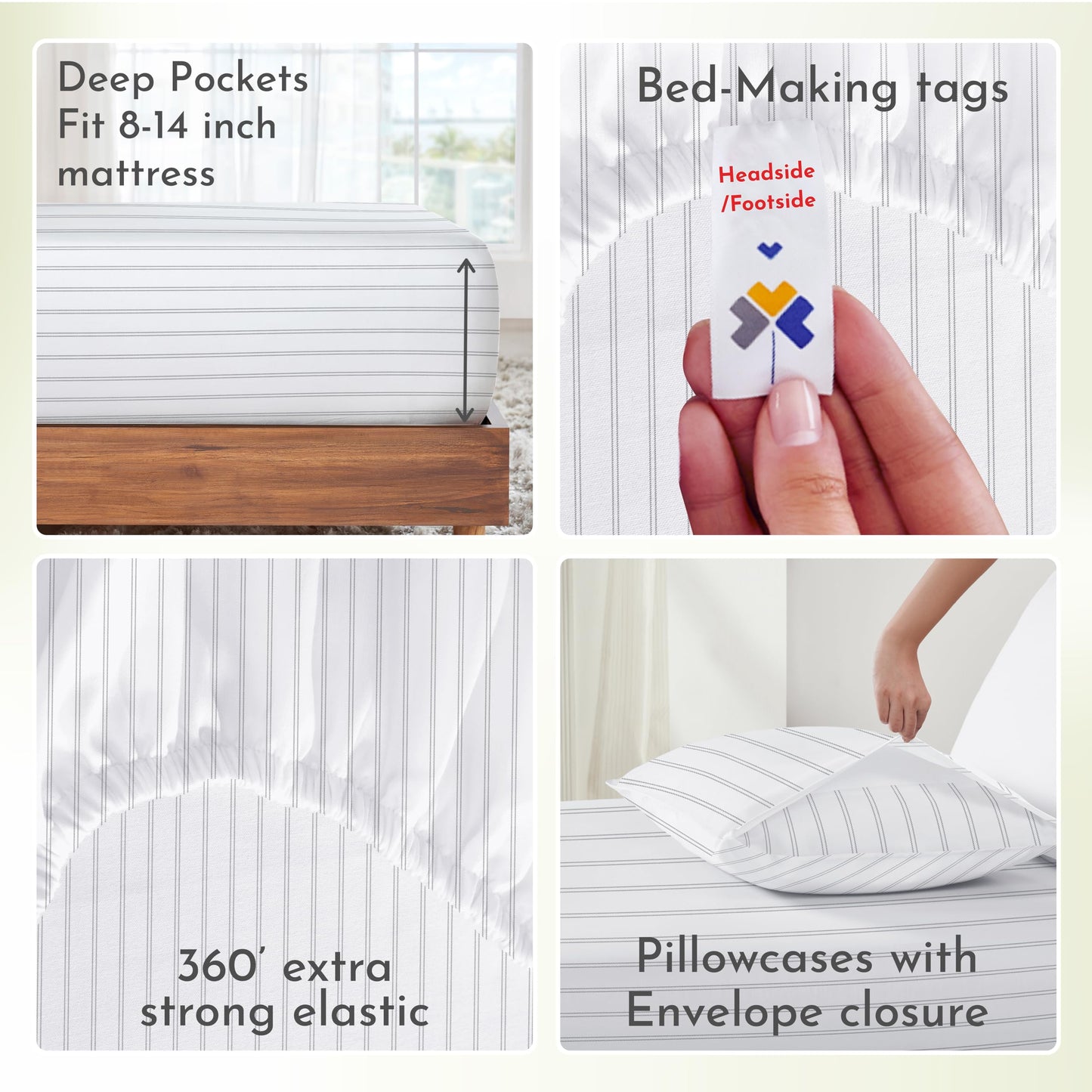 California Design Den Stripe Sheets Queen Size, 100% Cotton Sateen Printed Pattern, Deep Pocket Queen Sheets & Pillowcase Set - Classic Stripe