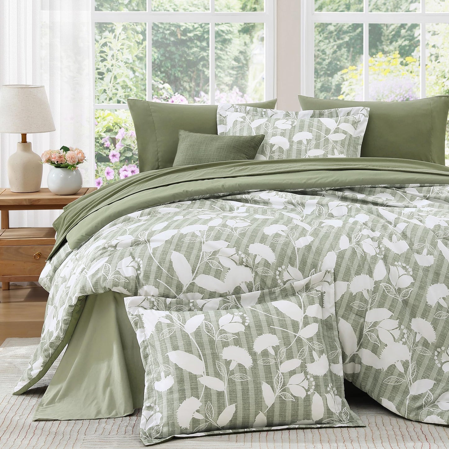 BLOOMHAVEN Queen Comforter Set -7 Pieces Sage Green Floral Comforter Set for All Seasons, Bed in a Bag Queen with Botanical Flowers Comforter, Sheets, Pillowcases & Shams