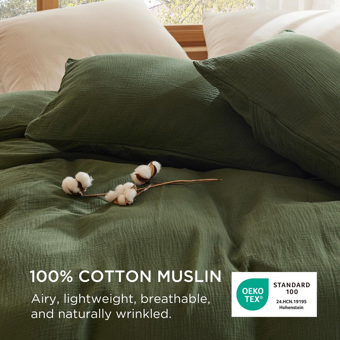 Bedsure 100% Muslin Cotton Duvet Cover King Size - Ultra-Soft Gauze Duvet Cover, PureWoven Breathable & Lightweight Bedding Set with Zipper Closure and Corner Ties (Olive Green, King, 104"x90")