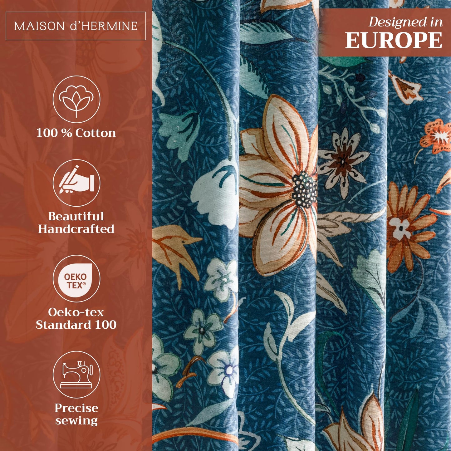 Maison d' Hermine Curtains for Living Room 100% Cotton 96 inch Length One Panel Light Filtering Curtains for Windows with Rod and Loop Pockets (Luxury Loft - Dark Teal, 50" W x 96" L)