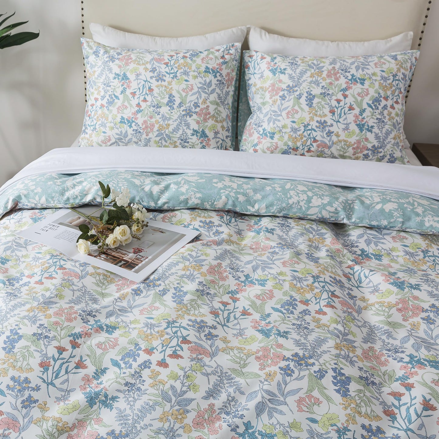 HoneiLife Cotton King Duvet Cover - Floral Comforter Cover 3-Piece, Botanical Bedlinen Set with Zipper Closure & Corner Ties, Wildflower Comforter Cover Sets All Season Use