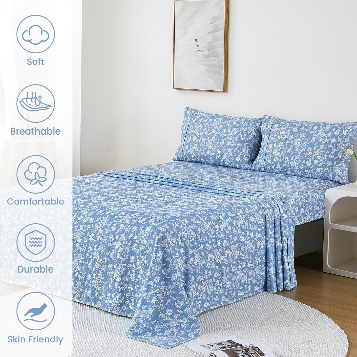 Mooreeke Cozy Vintage Microfiber Printed Full Sheet Set - Soft & Breathable Percale Blue Paisley Bed Sheets with Extra Deep Pocket - Non-Slip Fitted Design - Blue Flower Pattern - Full