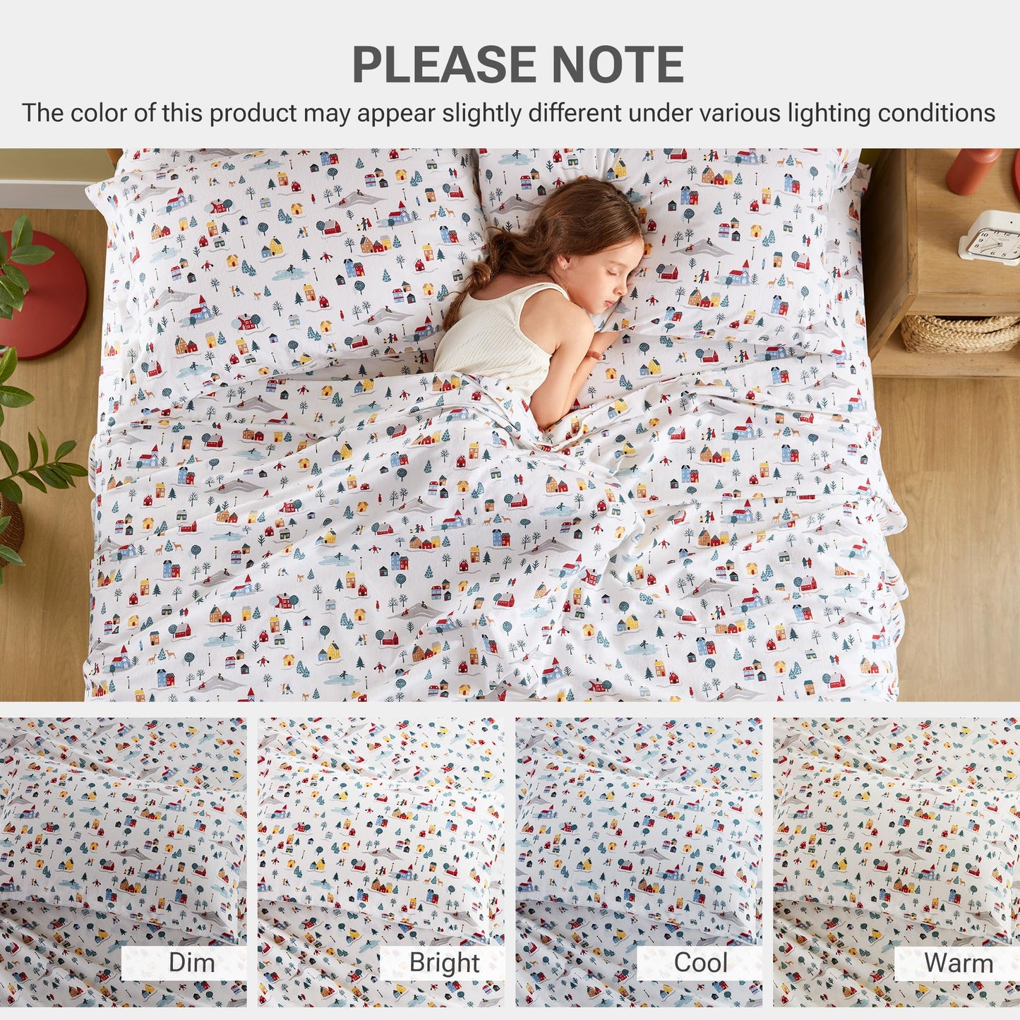 Sleep Philosophy True North 100% Cotton Flannel Sheets Queen Size, Cozy Flannel Sheet Set Brushed for Extra Softness, Heavyweight Novelty Print Warm Flannel Bedding Set, White Village Print 4 Piece