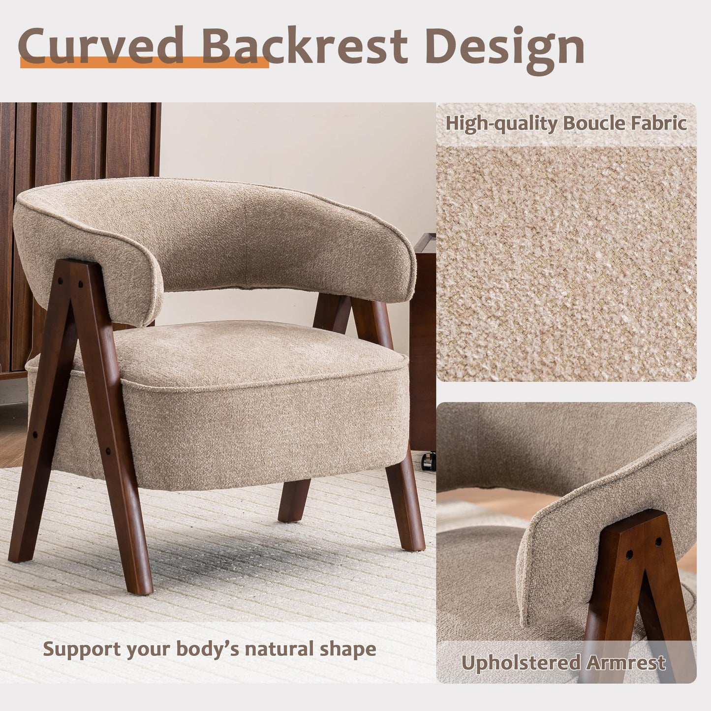 Rowill Boucle Accent Chair Set of 2, Round Upholstered Arm Barrel Chairs with Curved Backrest, Solid Wood Legs, Thick Cushion, for Living Room, Reading Nooks, Sunroom, Balcony, Bedroom, Brown