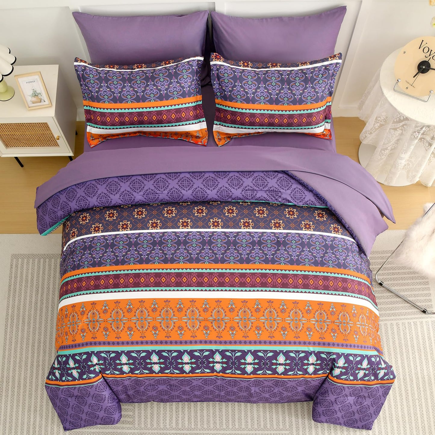 WONGS BEDDING Boho Comforter Set Queen Size,7 Pieces Bohemian Comforter Bedding Set Bed in a Bag,Purple Paisley Floral Comfortet with Sheet Set,Soft Microfiber Striped Bedding Sets for All Season