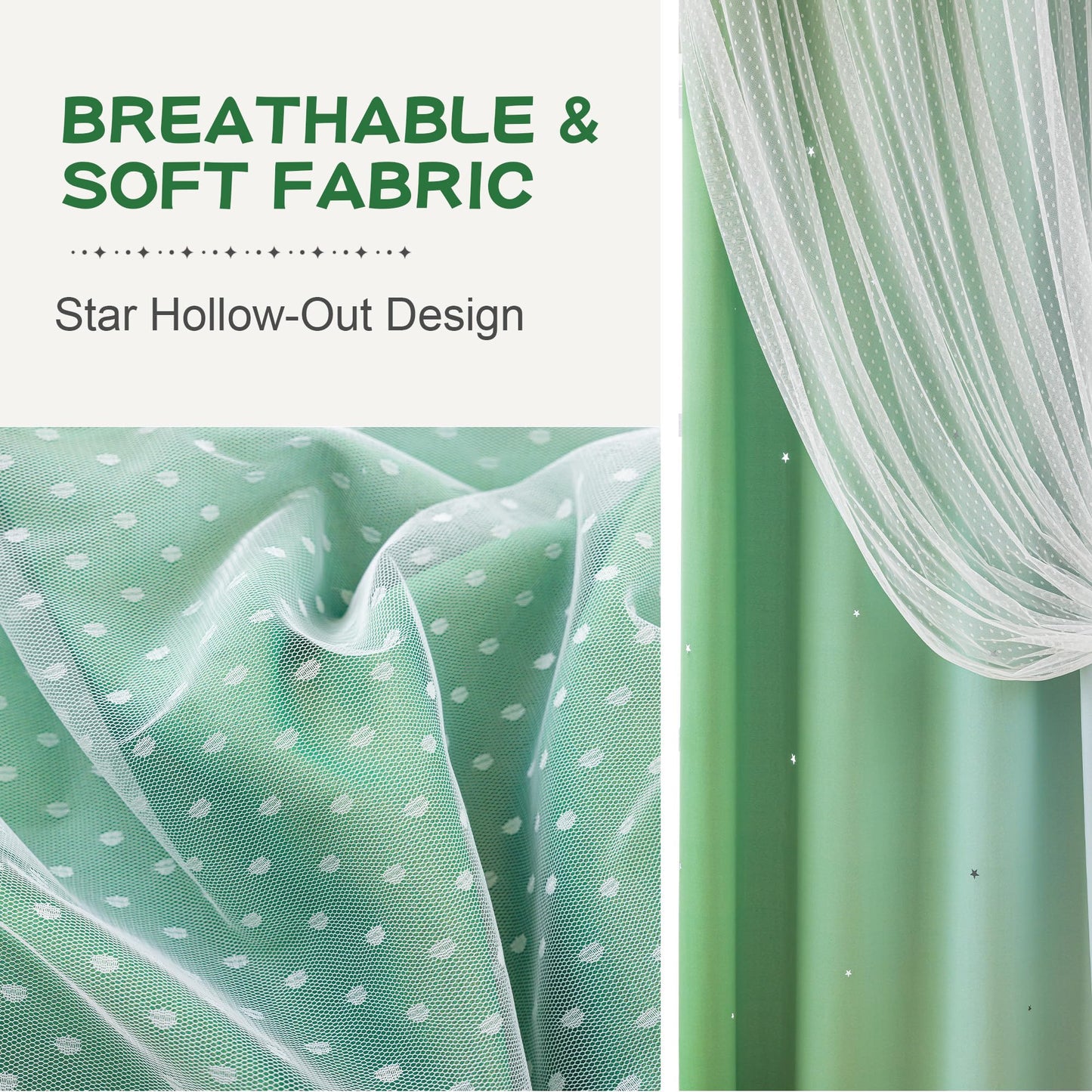 MYSKY HOME Kids Green Blackout Curtains for Boys Bedroom Decor Living Room, Hollow-Out Stars Thermal Insulated Grommet Ombre Curtain for Nursery Room, W34 X L90 Inches Long, 2 Panels