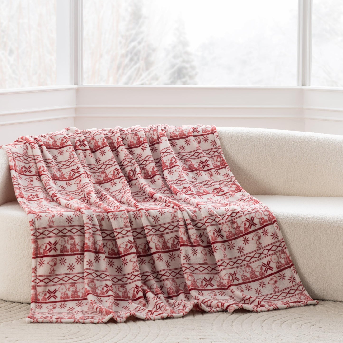 Berkshire Peanuts® VelvetLoft® Cute Character Snoopy Plush Throw Blanket,Cozy Fairisle Crimson Neutral,Throw 55 in x 70 in (Official Peanuts® Product)